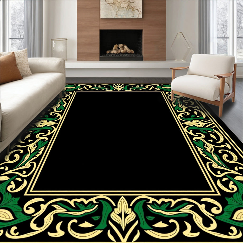 Ornate Green Gold Flourish Border Rug