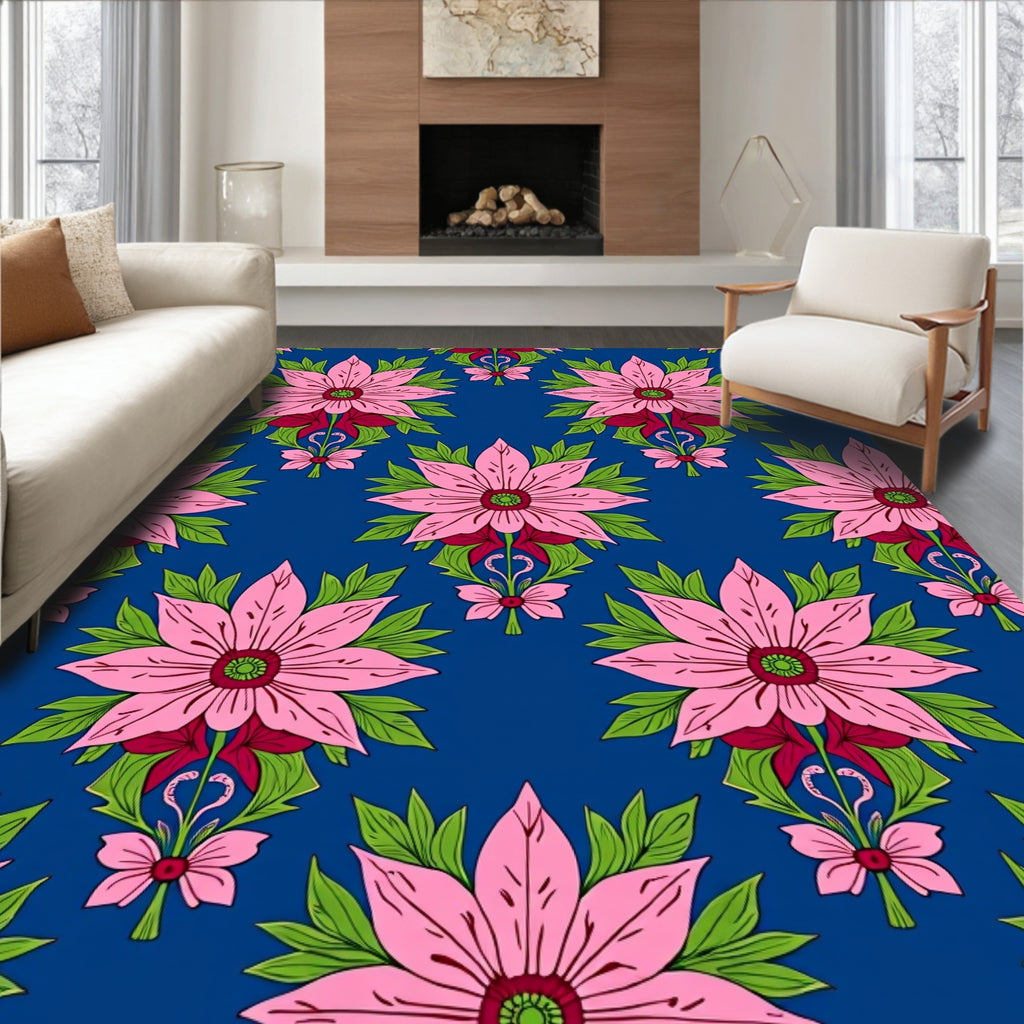 Pink Floral Garden Blue Rug