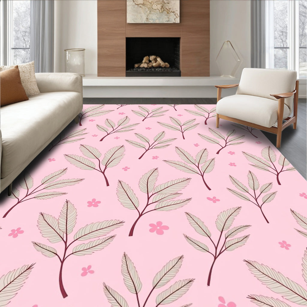 Delicate Pink Floral Leaf Pattern Rug