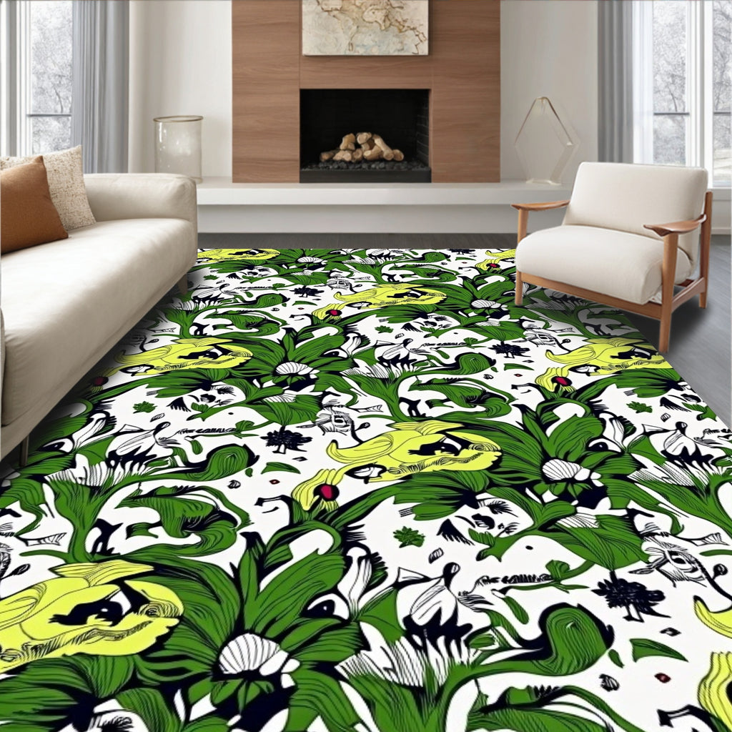 Bold Green Yellow Floral Illustration Rug