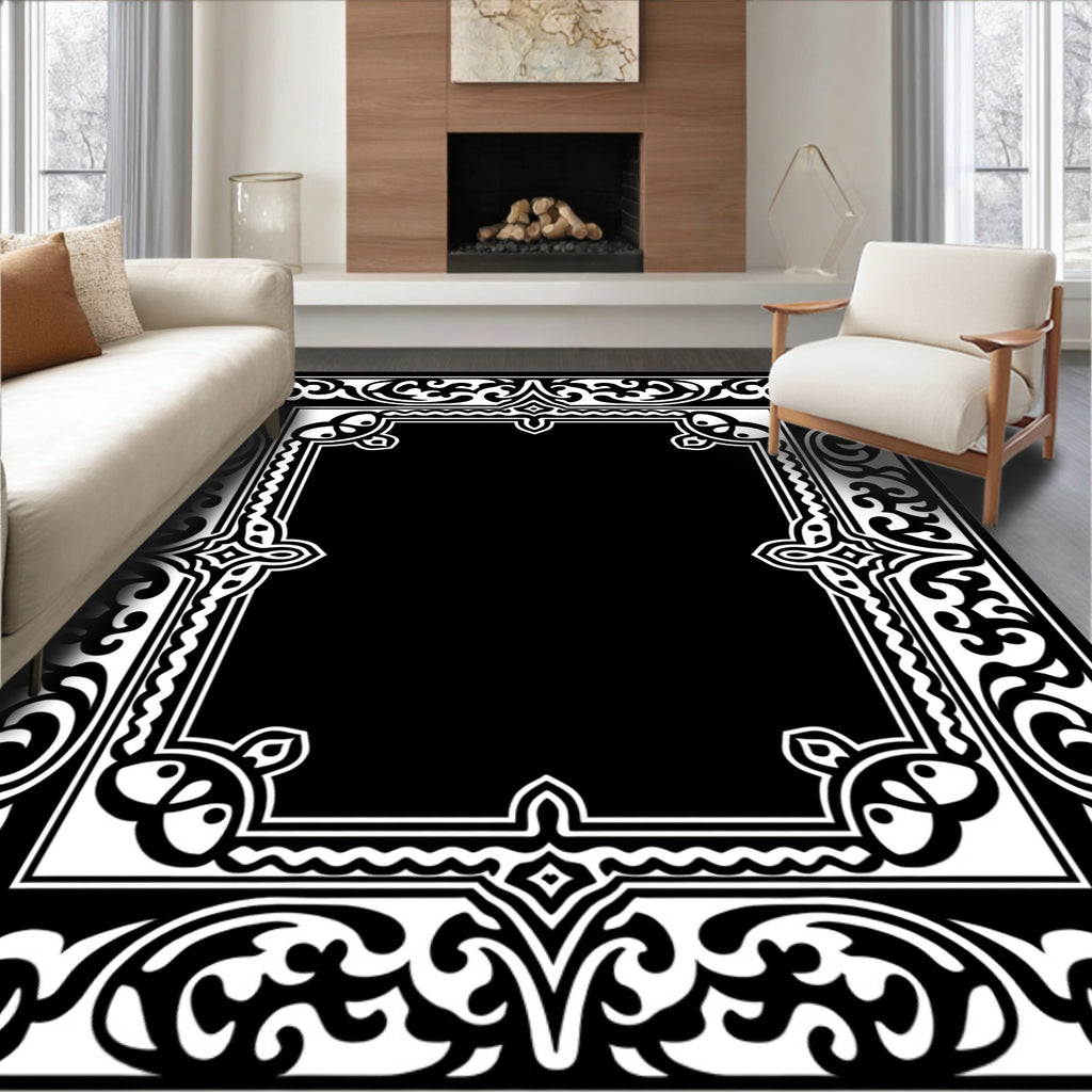 Ornate Black White Scrollwork Frame Rug