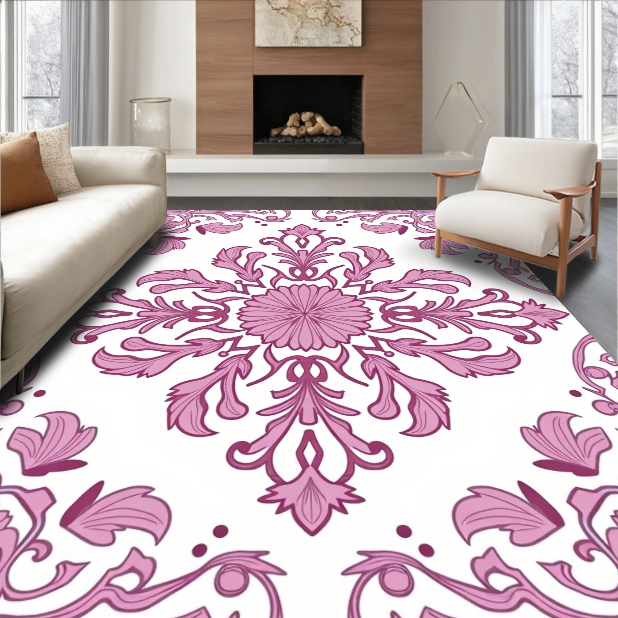 Pink Floral Centerpiece Damask Design Rug
