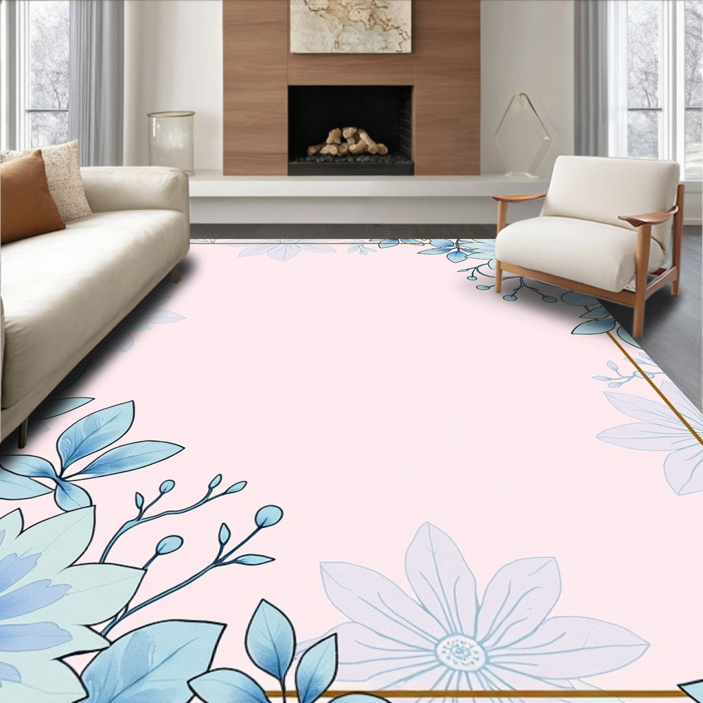 Blue Floral Botanical Border Design Rug
