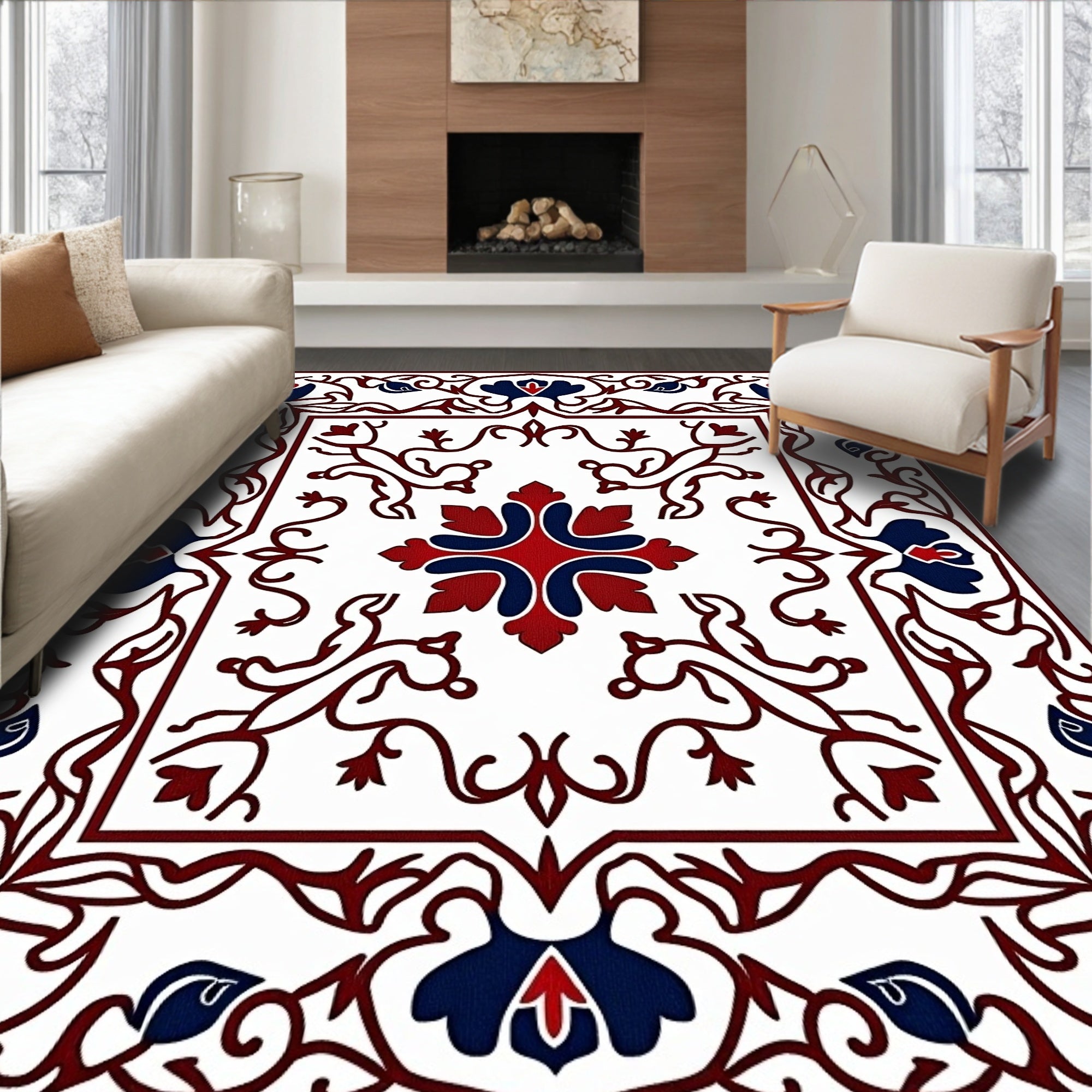 Classic Red Blue Floral Pattern Rug