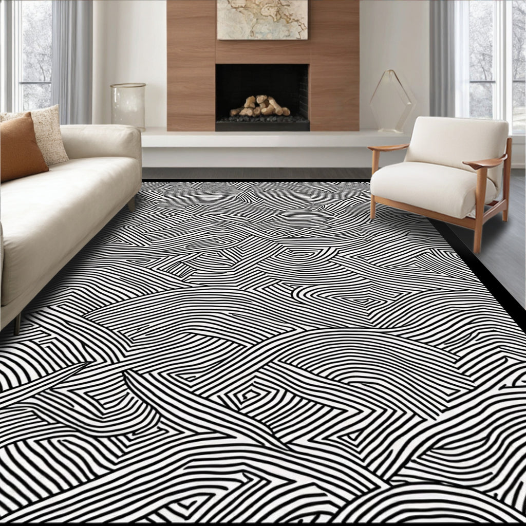 Graphic Black White Winding Lines Rug