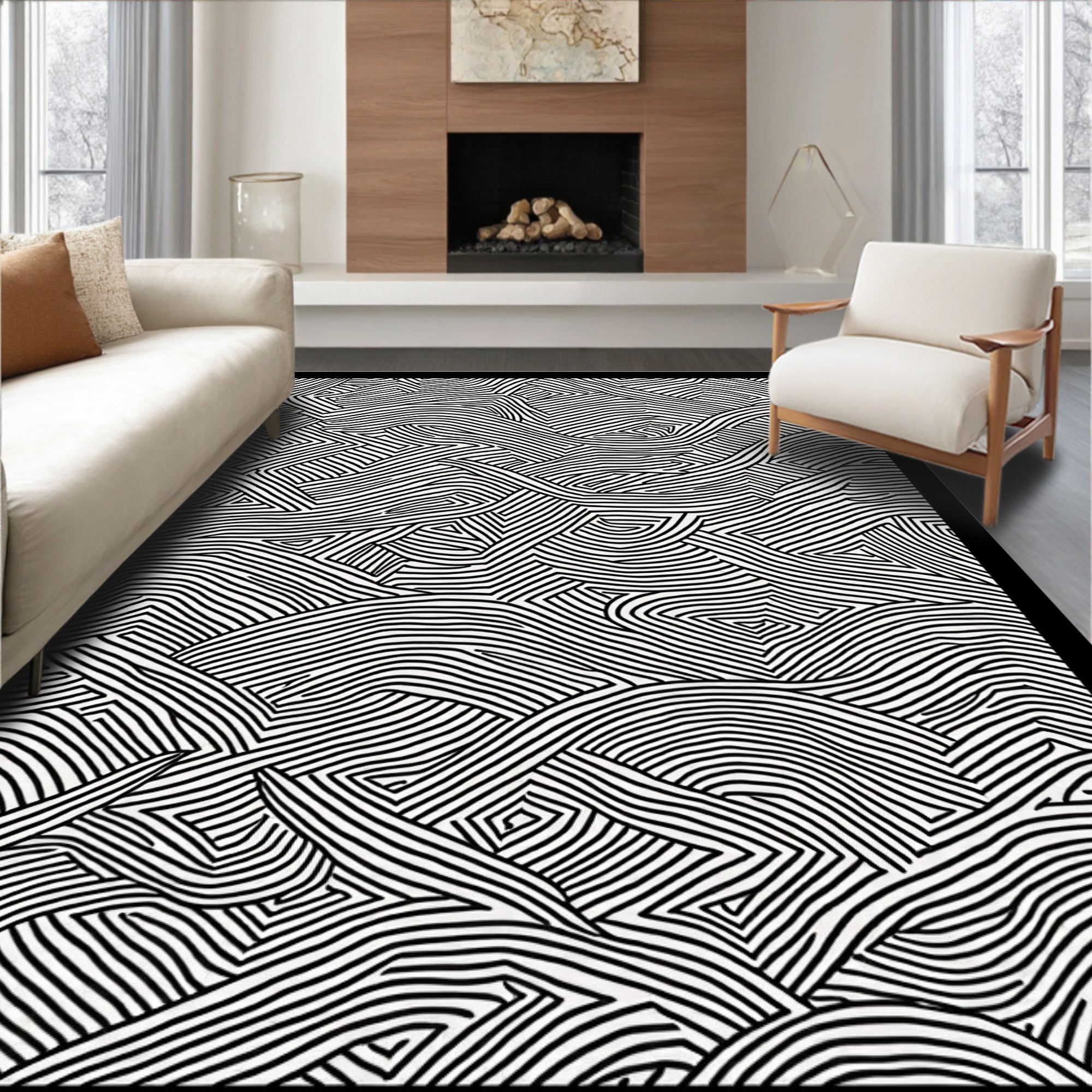 Graphic Black White Winding Lines Rug