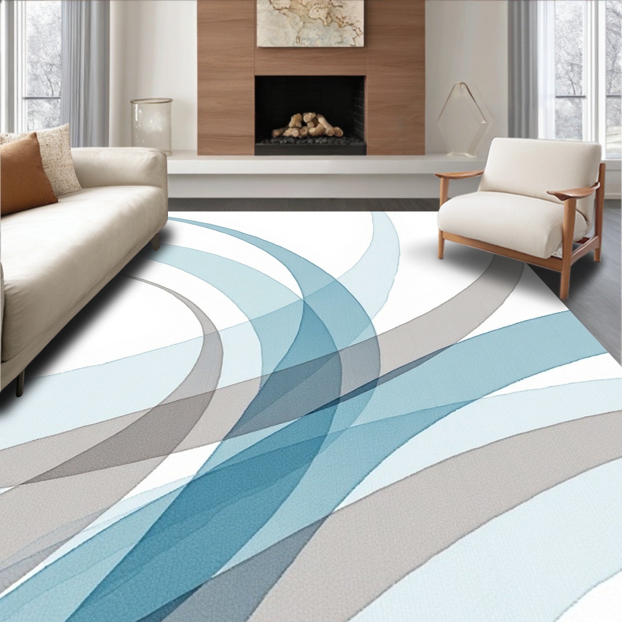 Abstract Blue Gray Wavy Swirls Rug