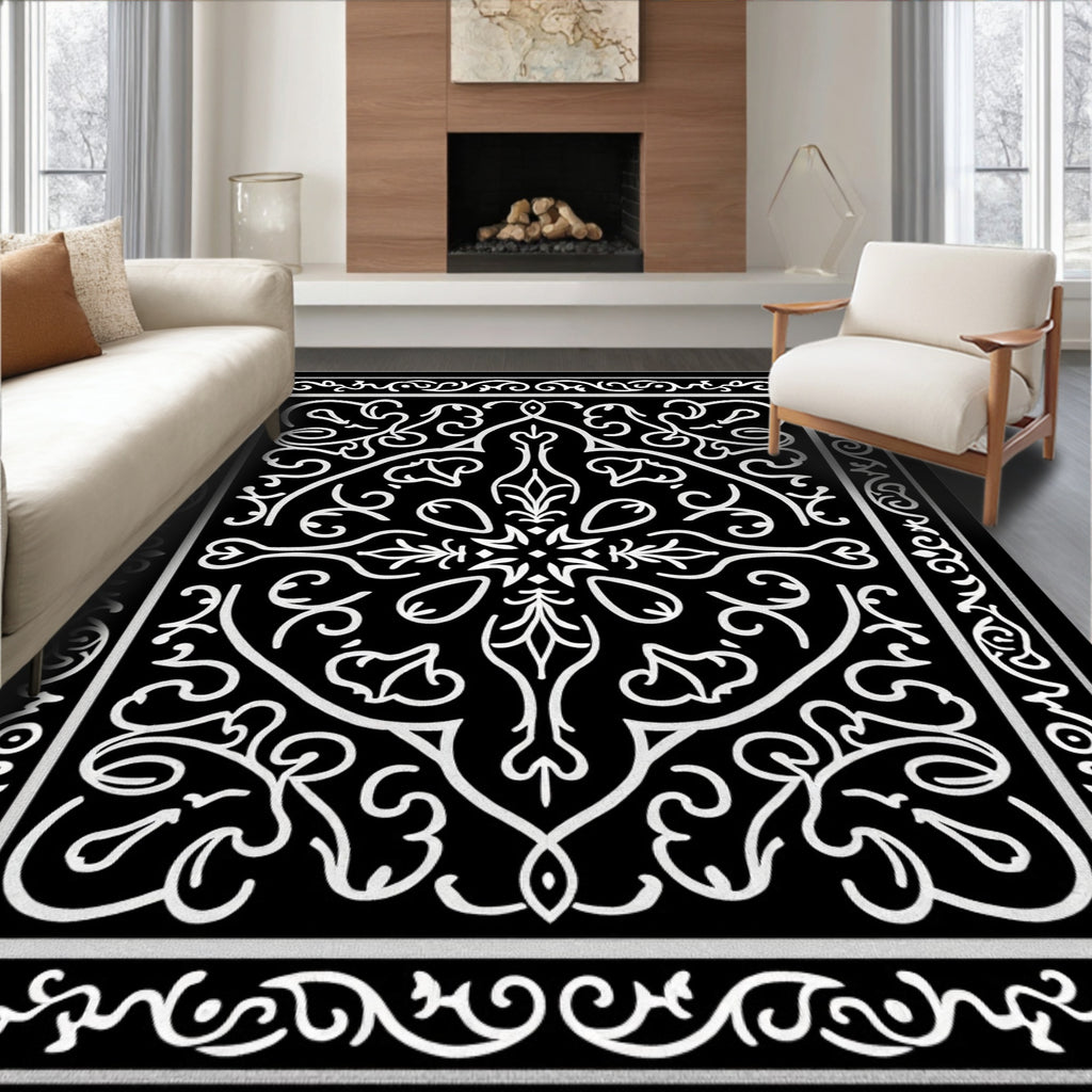 Ornate Scrollwork Black White Rug
