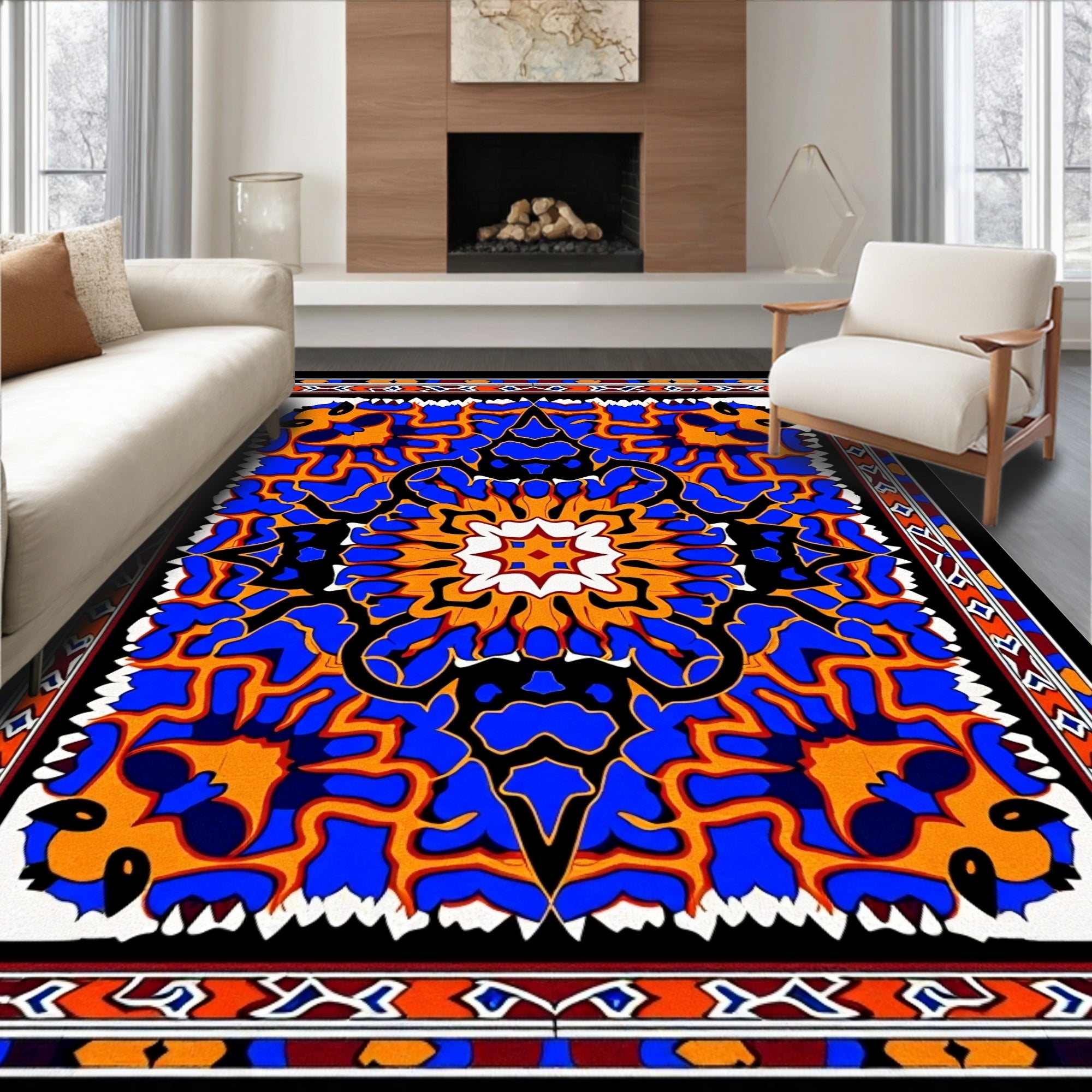 Bold Blue Orange Floral Medallion Rug
