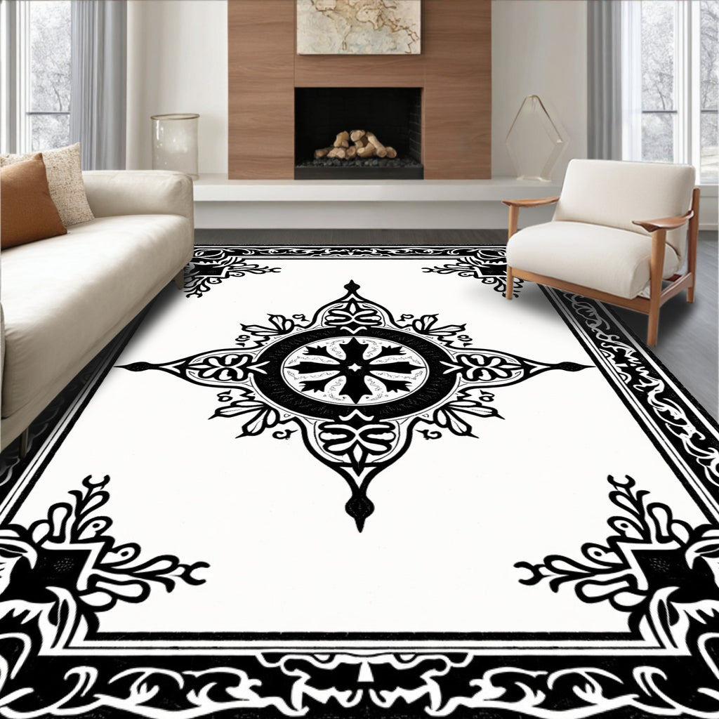 Ornate Black And White Medallion Rug