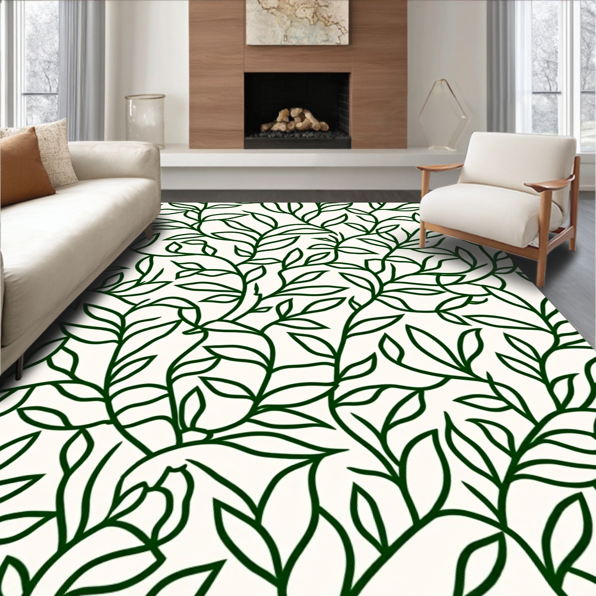 Lush Green Leafy Vine Pattern Rug