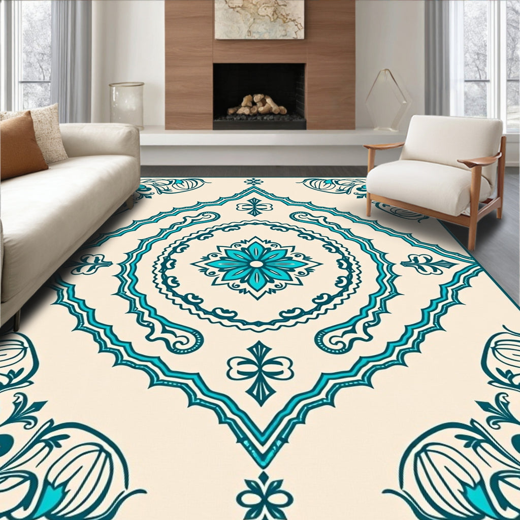 Teal Floral Medallion Traditional Pattern Rug