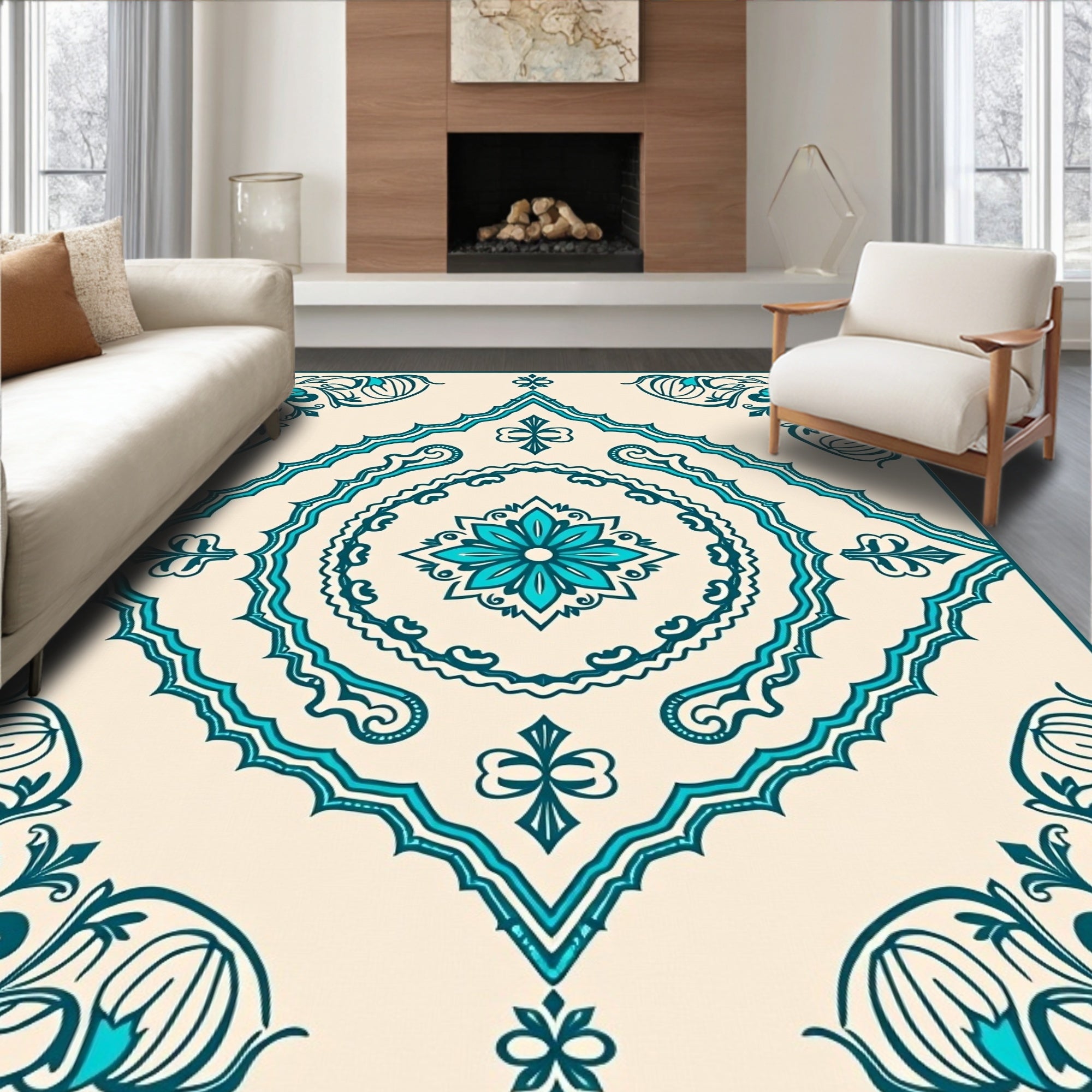 Teal Floral Medallion Traditional Pattern Rug