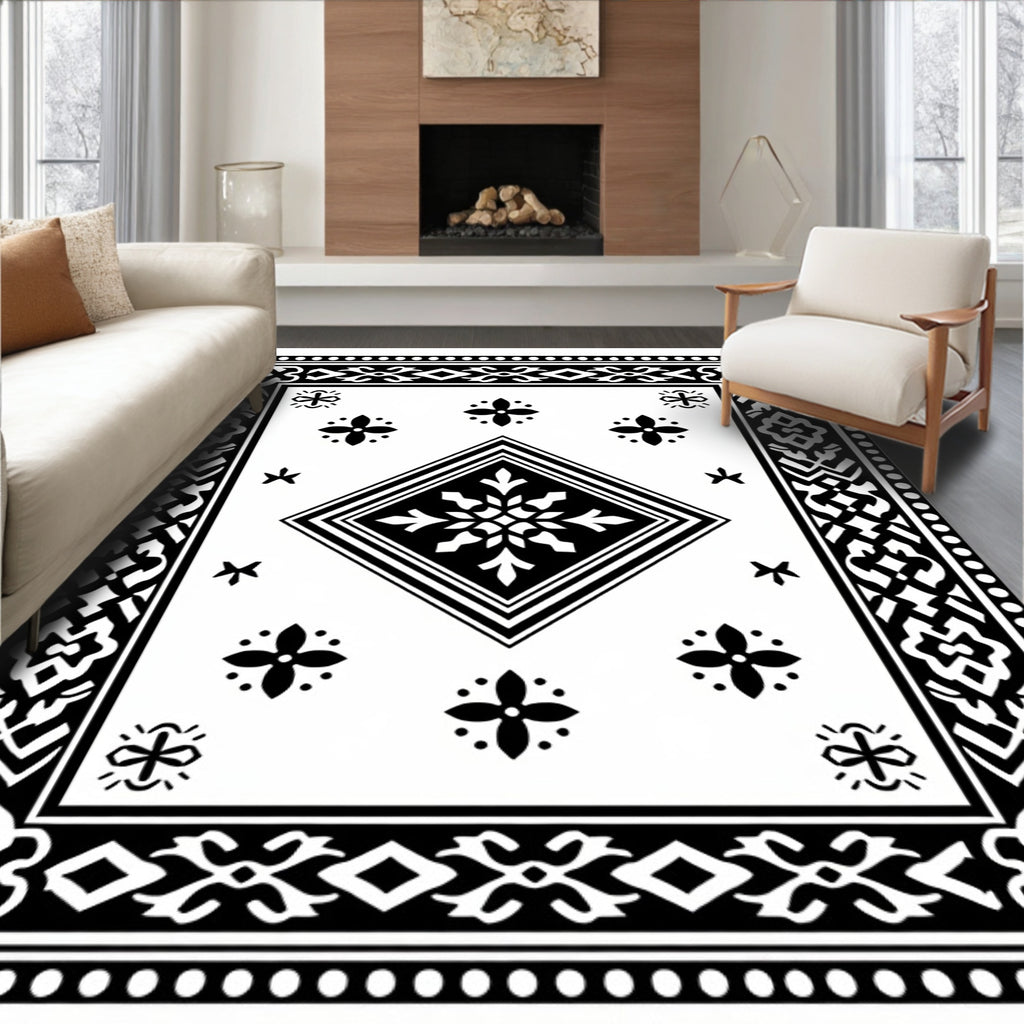 Traditional Black and White Geometric Design Rug
