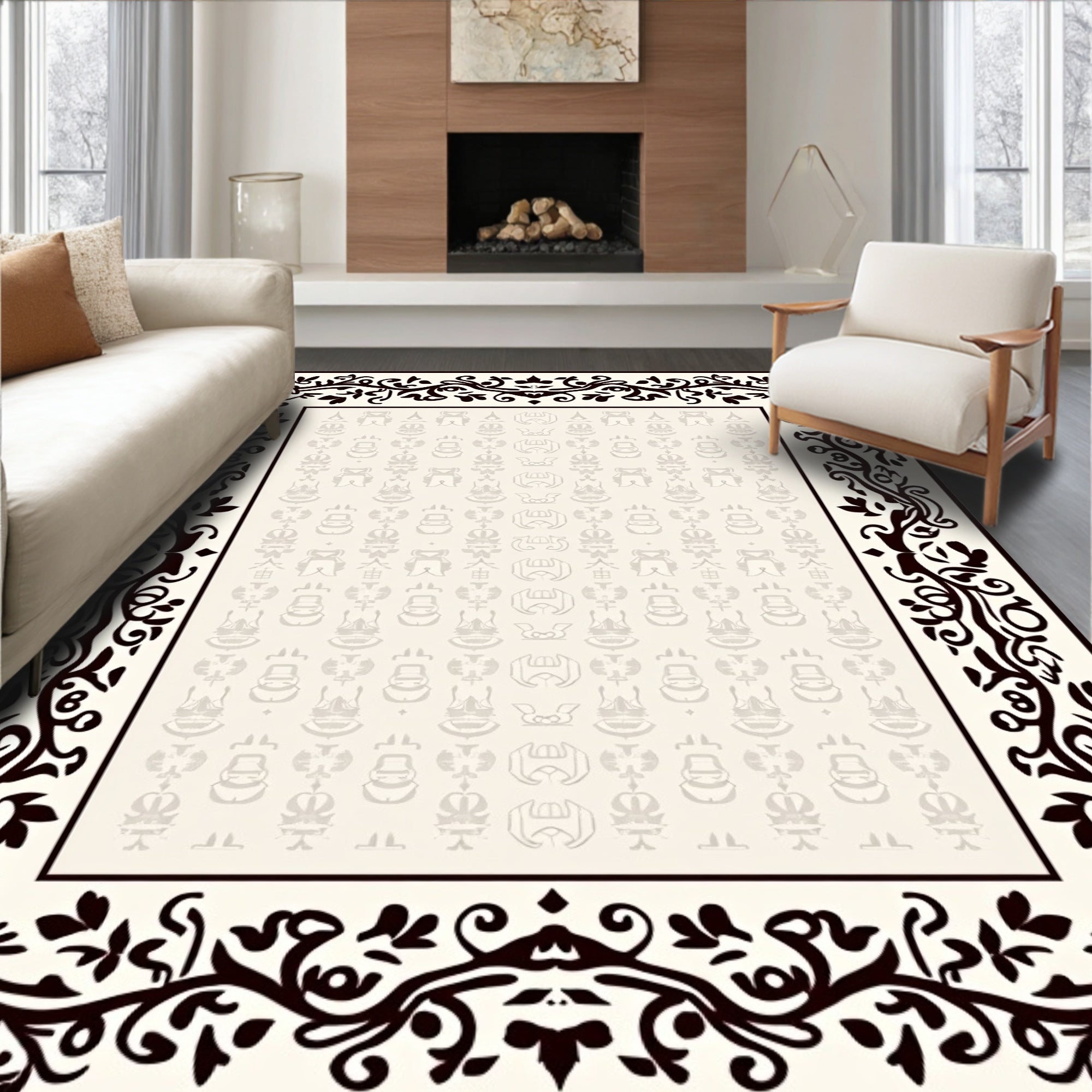 Nature Inspired Scroll Patterned Border Rug