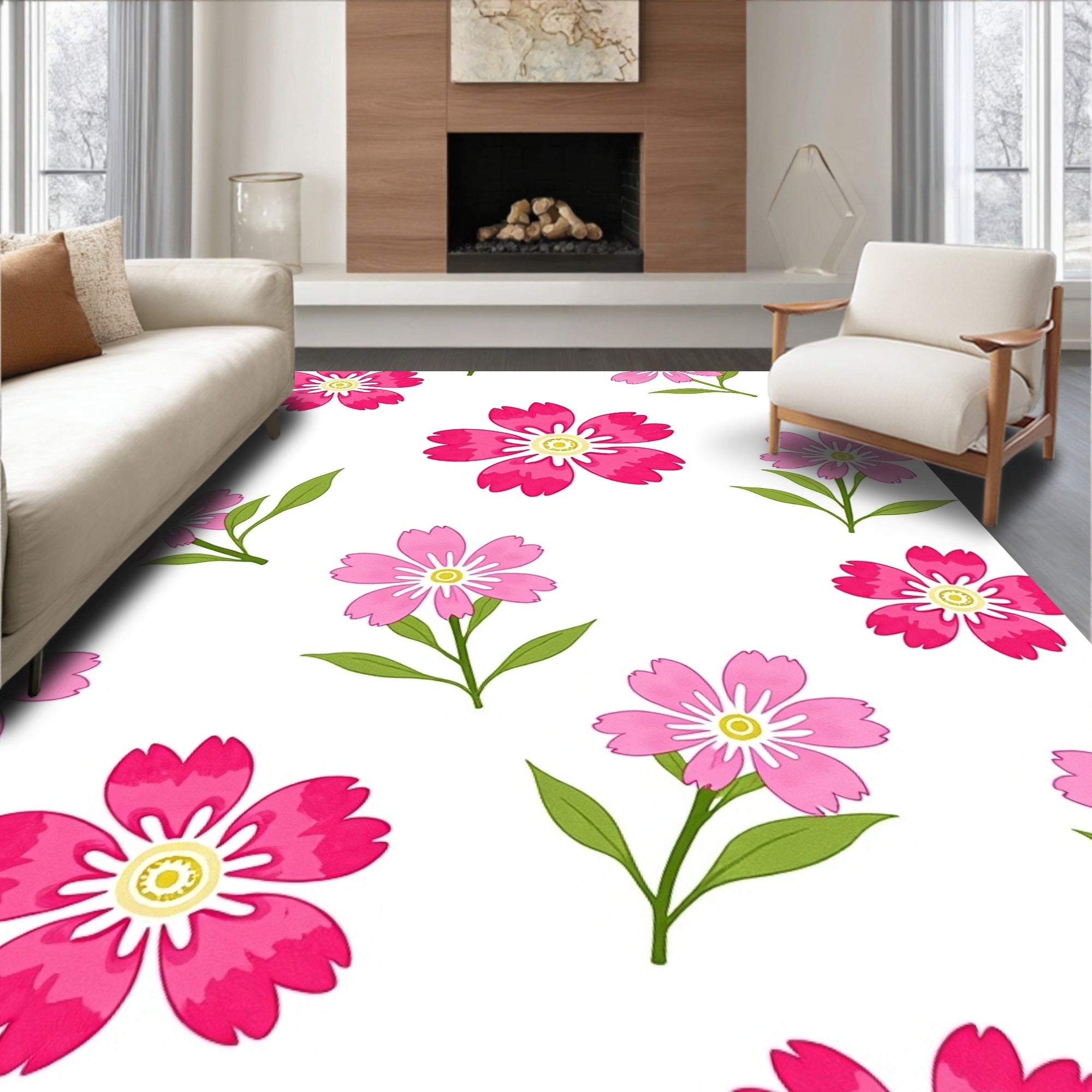 Pink Floral Pattern Print Rug