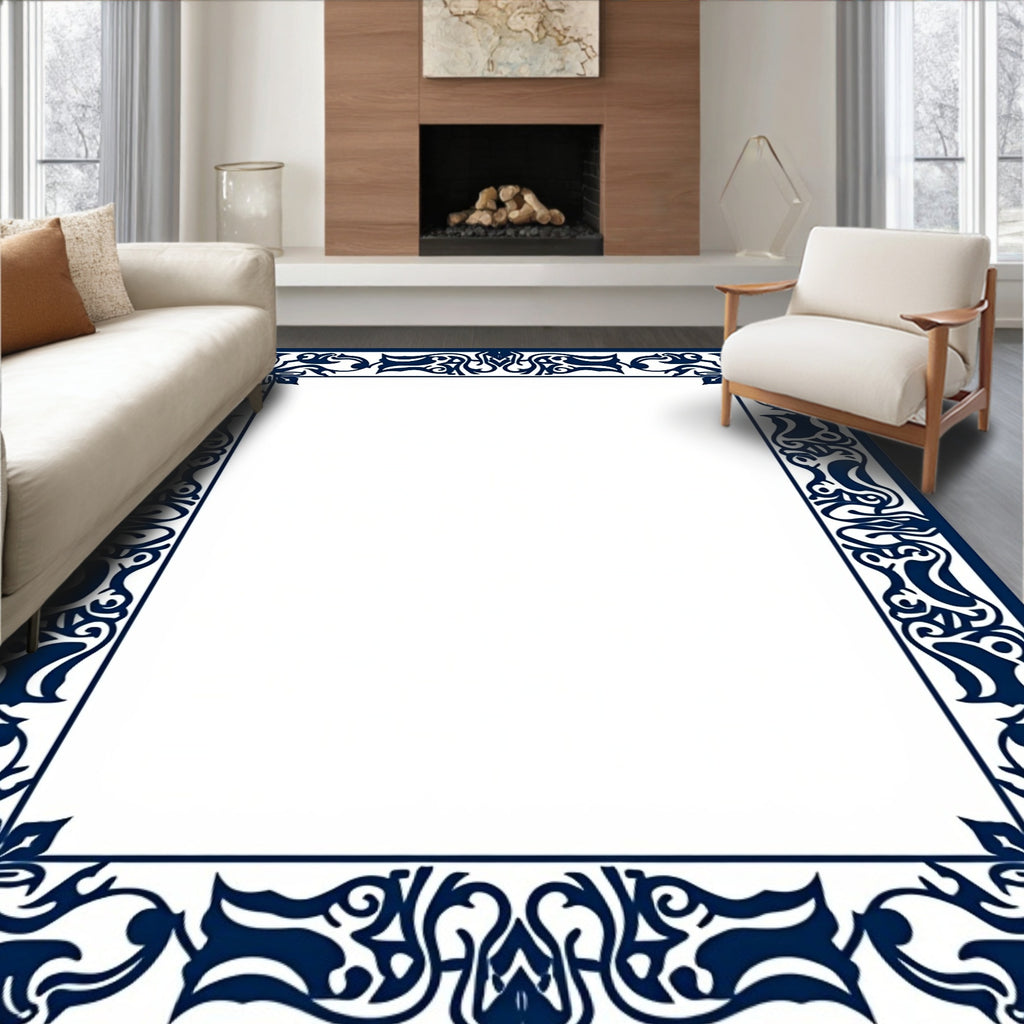 Deep Blue Ornate Scroll Border Rug