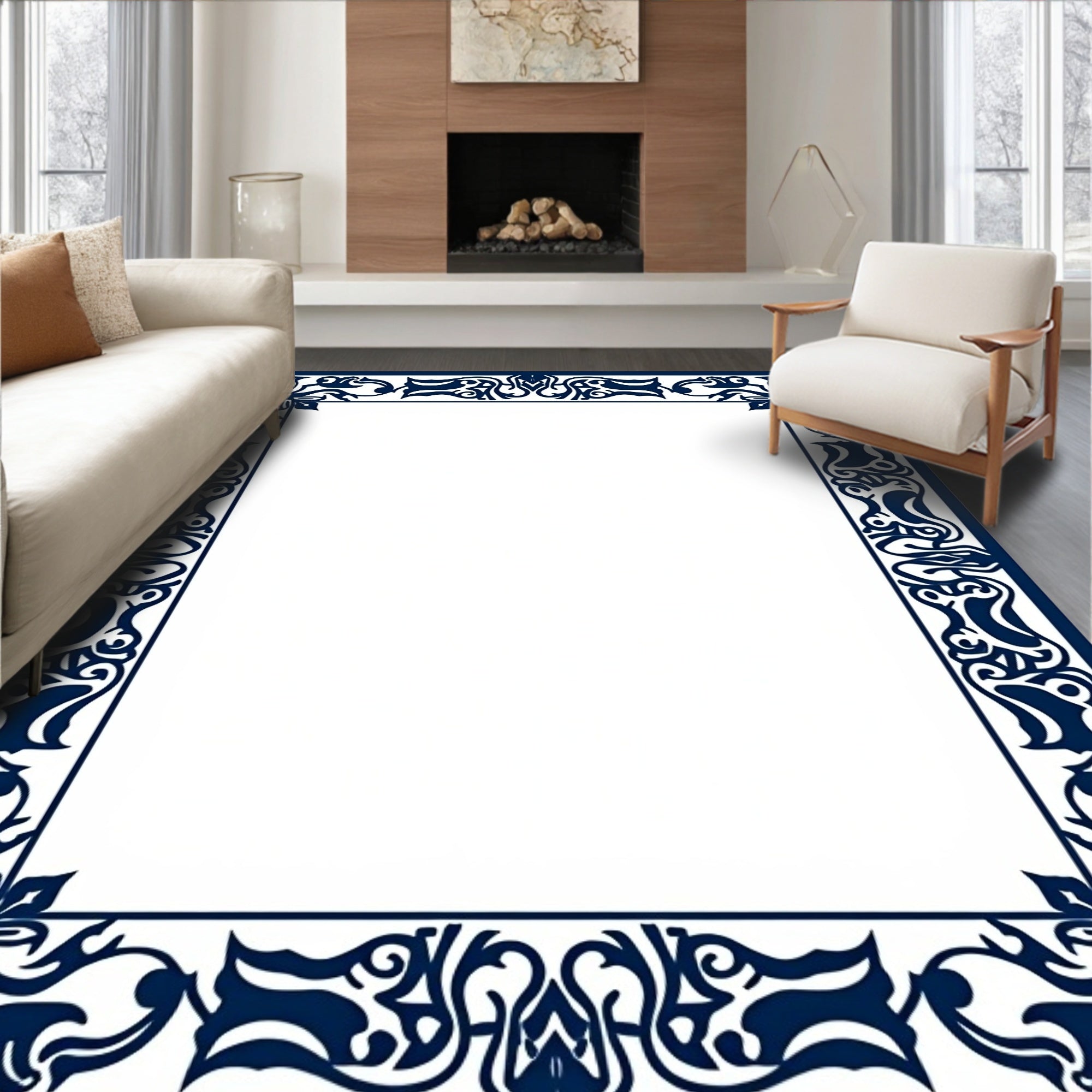 Deep Blue Ornate Scroll Border Rug