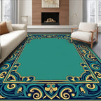 Ornate Teal Gold Swirl Border Rug