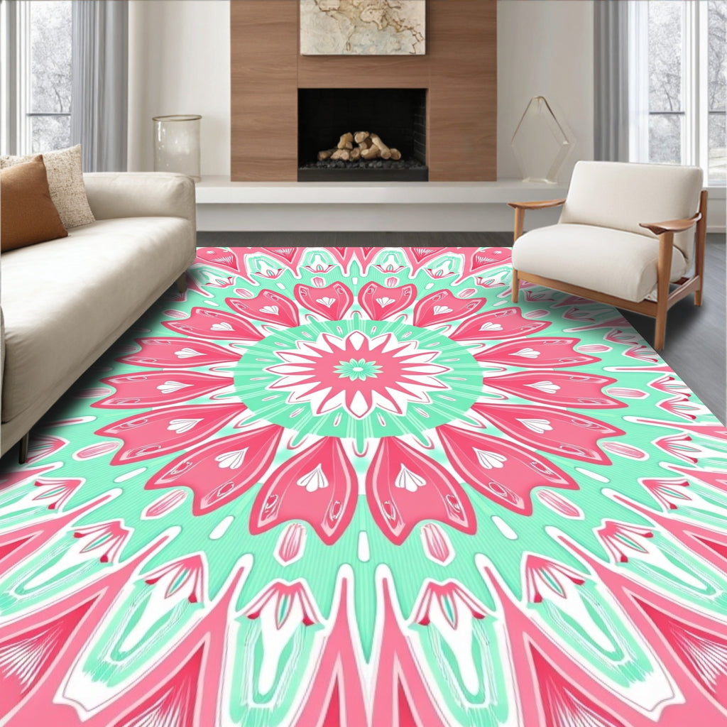 Vibrant Pink Teal Radial Floral Pattern Rug
