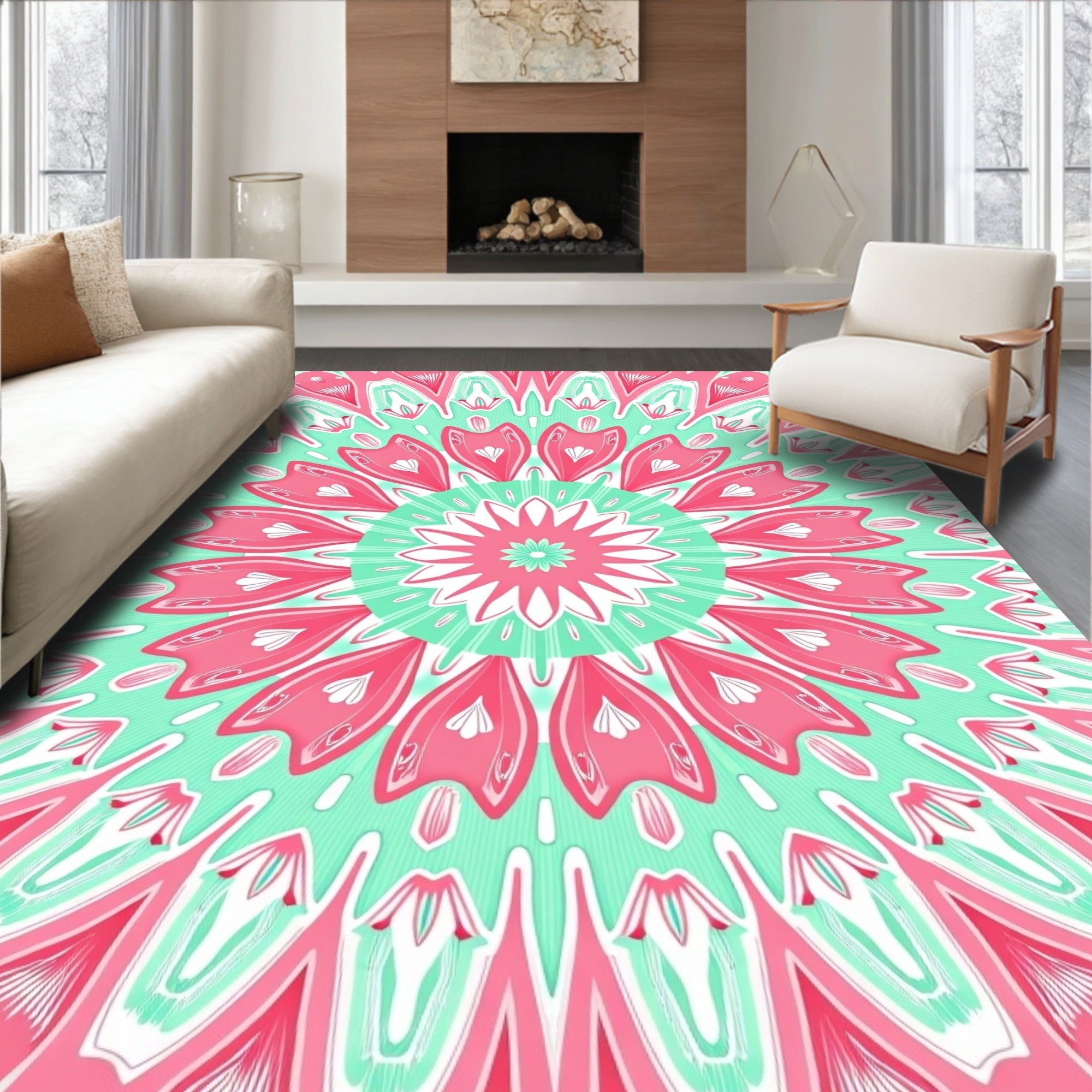 Vibrant Pink Teal Radial Floral Pattern Rug