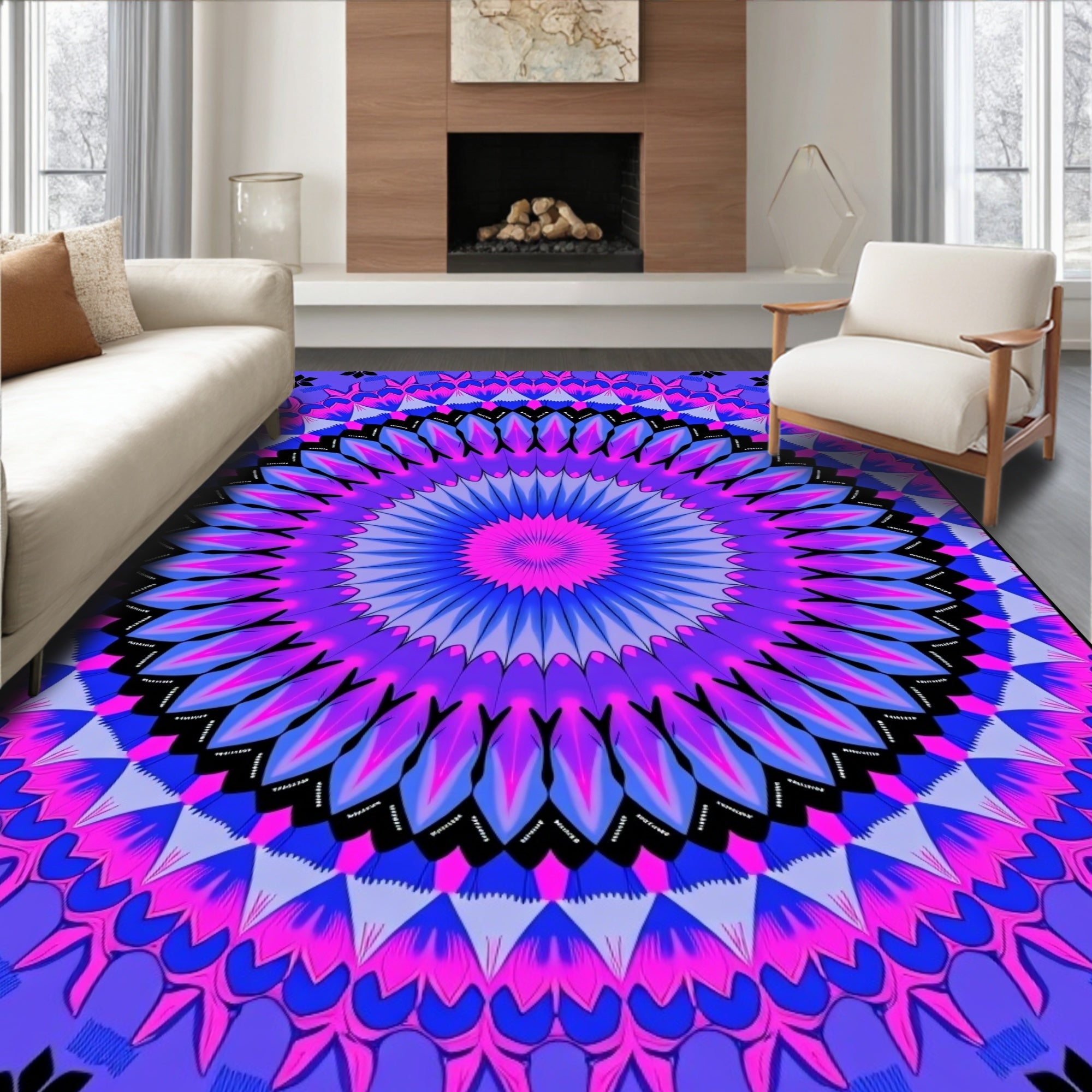 Vibrant Pink Blue Floral Mandala Rug