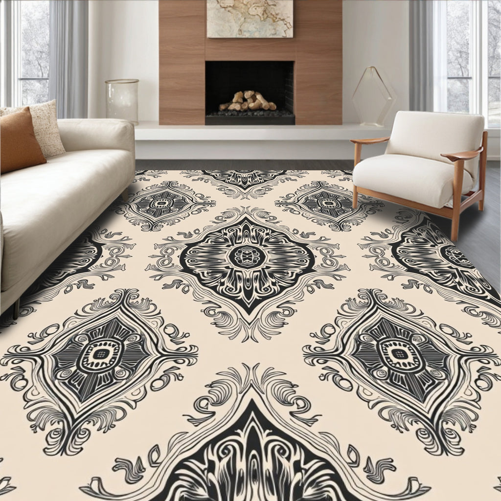 Ornate Black Beige Damask Pattern Rug