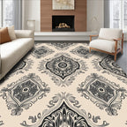 Ornate Black Beige Damask Pattern Rug