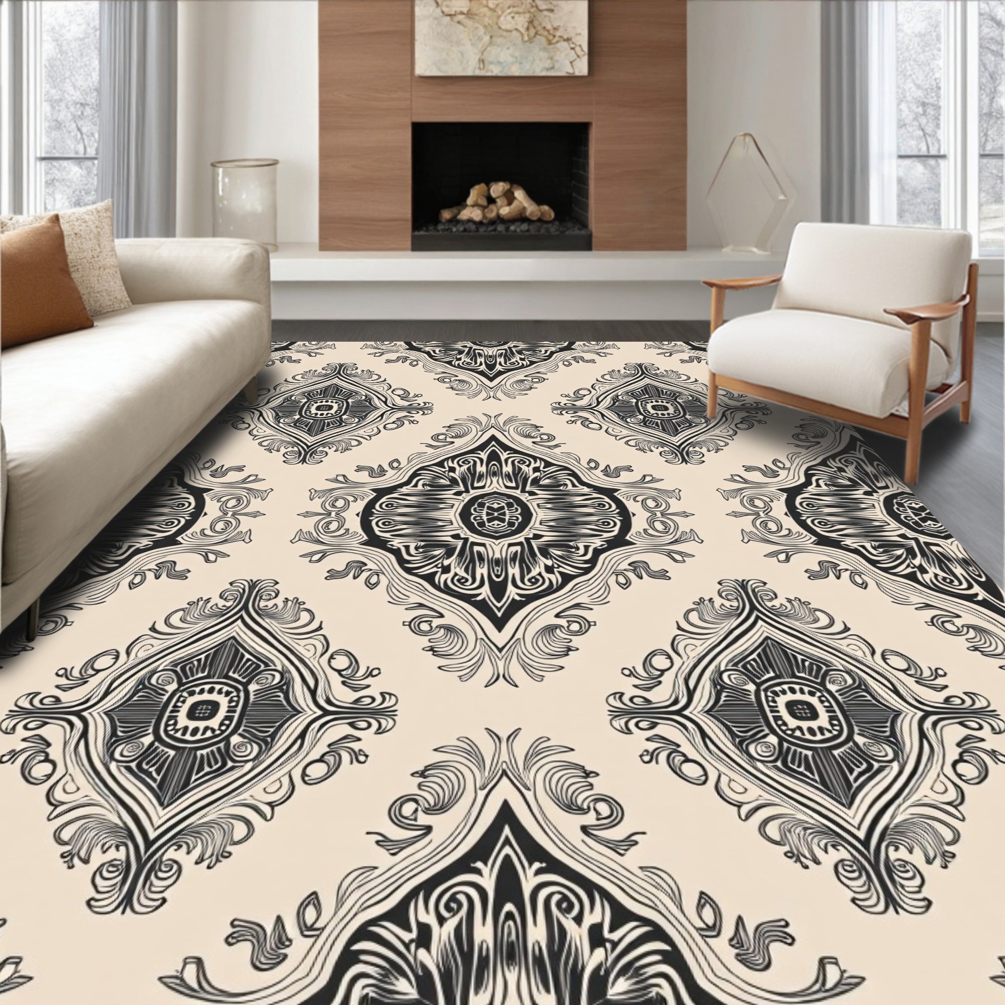 Ornate Black Beige Damask Pattern Rug