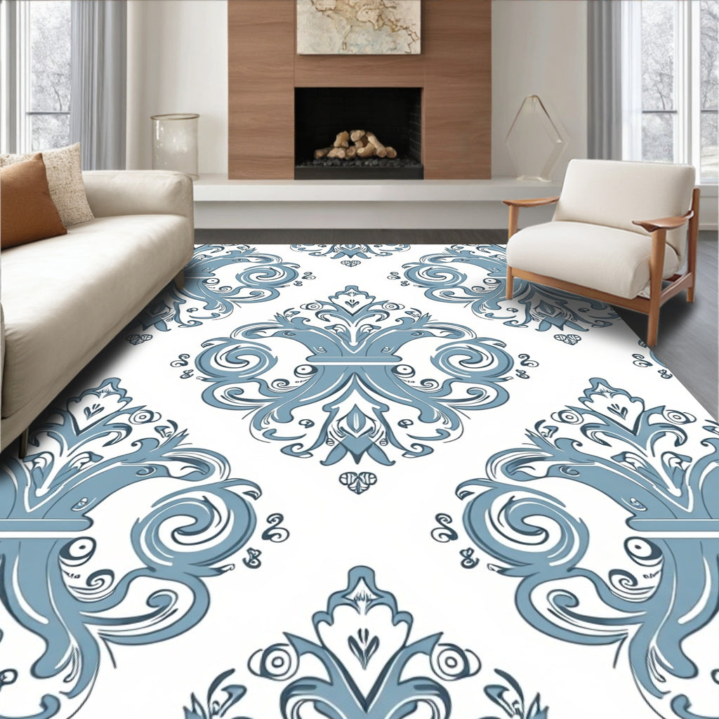 Blue Floral Scroll Damask Pattern Rug
