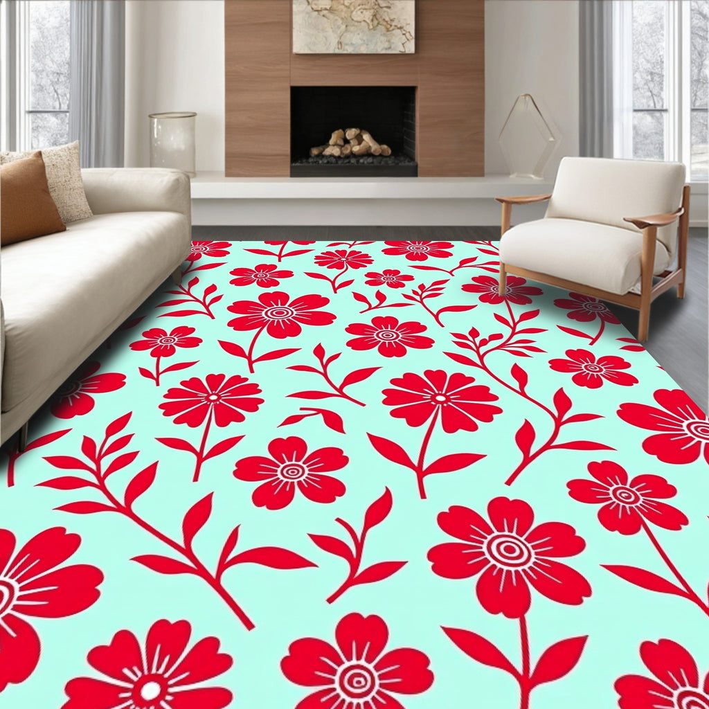 Red Floral Design On Teal Canvas Rug