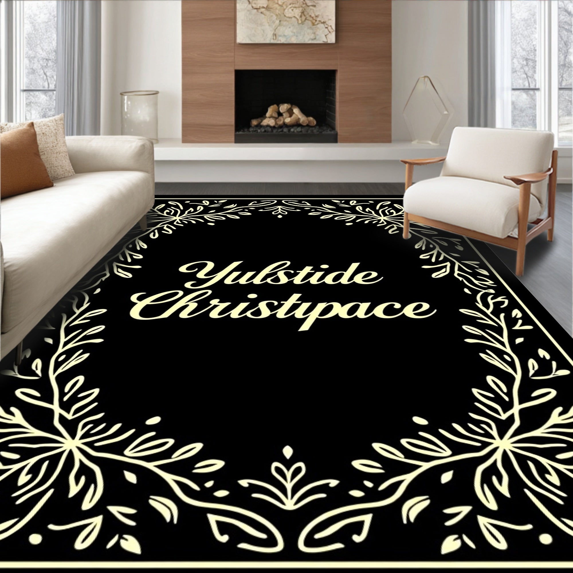 Cream Laurel Border Black Rug