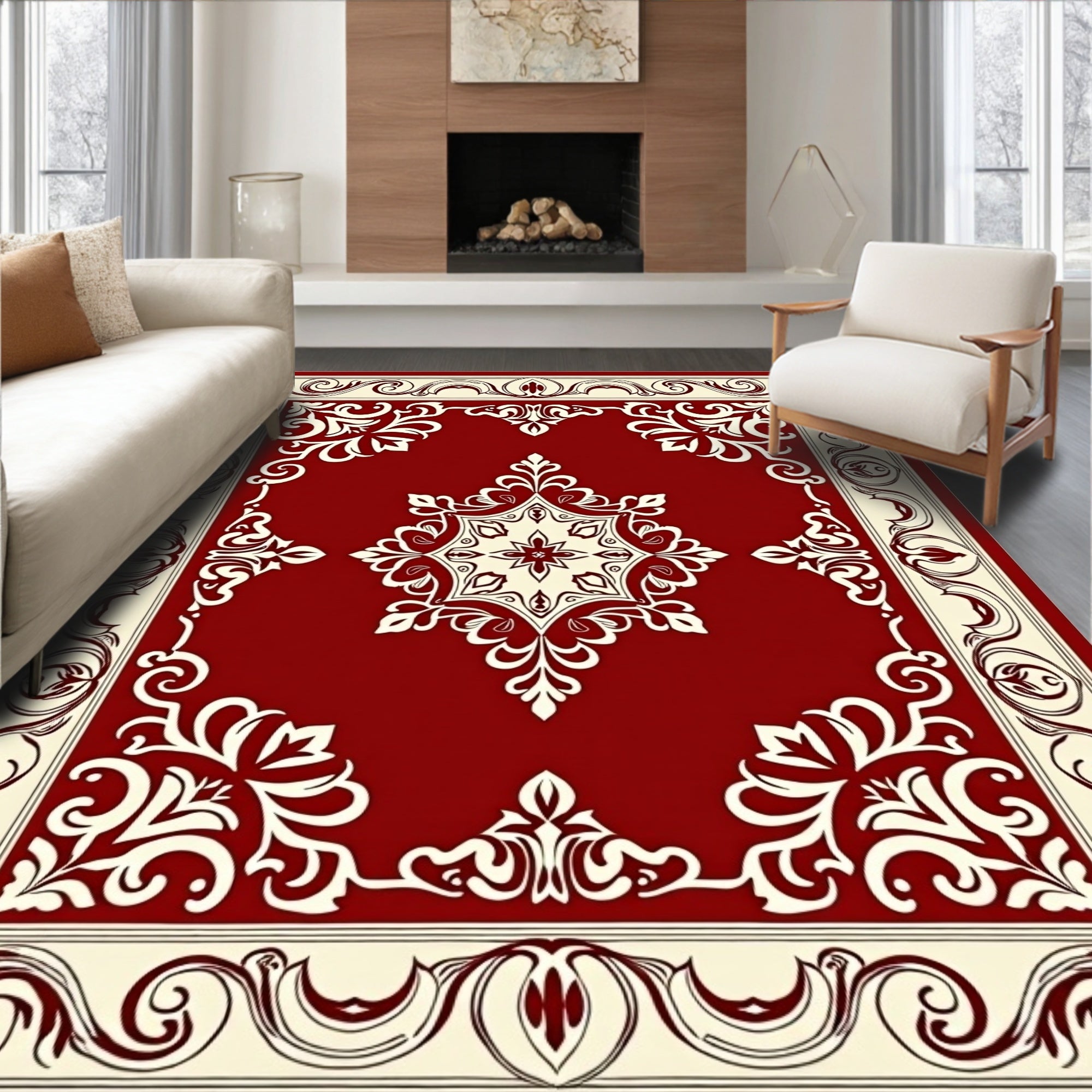 Elegant Red Cream Floral Medallion Rug