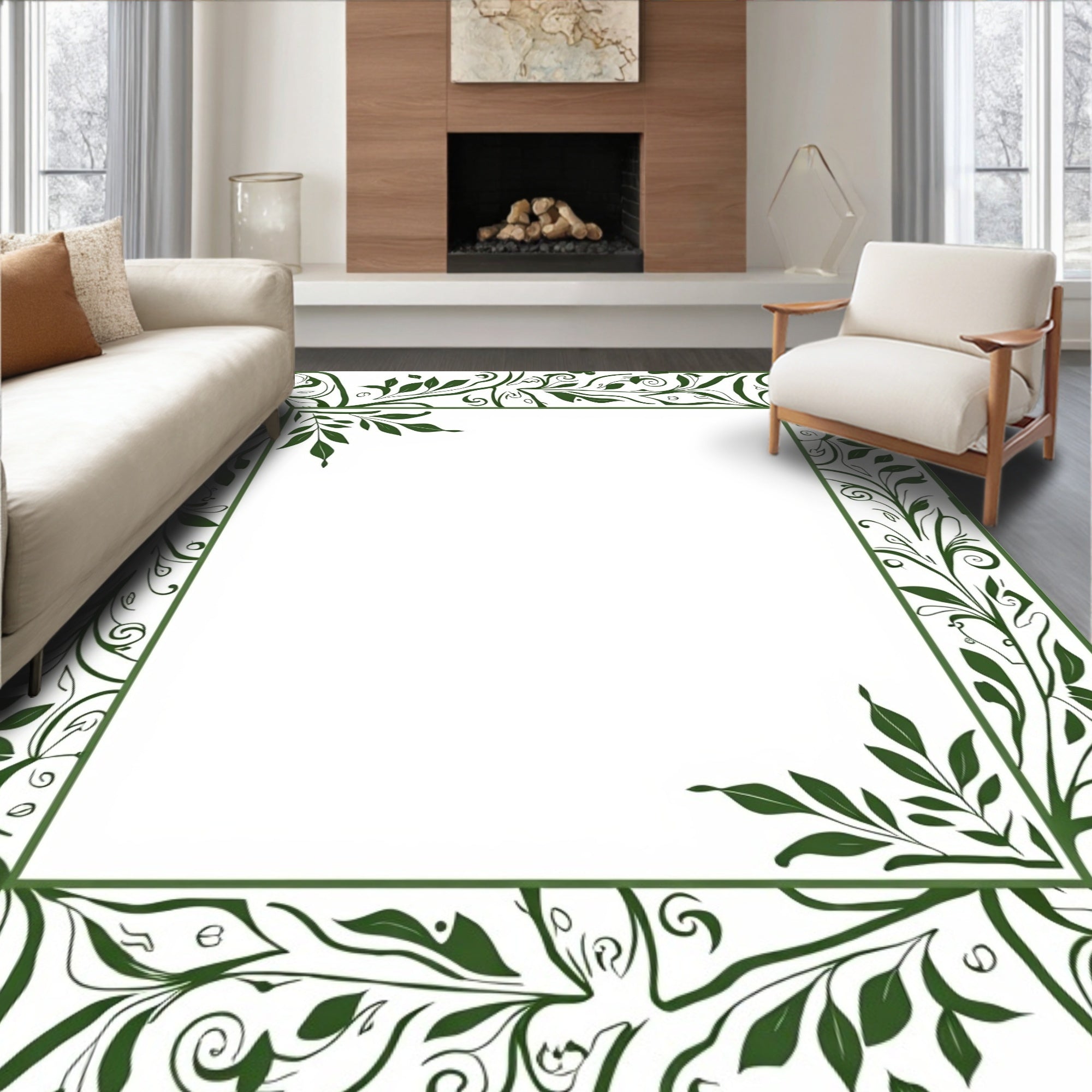 Elegant Green Floral Swirl Border Design Rug