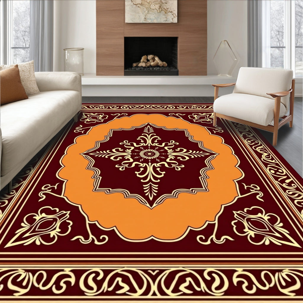 Rich Red Orange Floral Mandala Design Rug