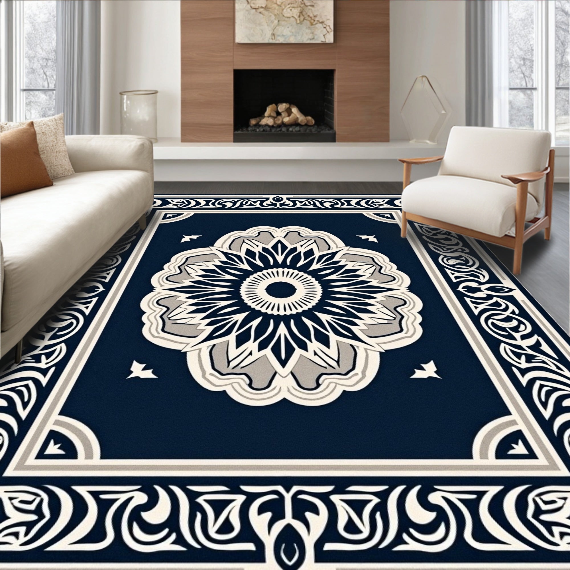 Ornate Floral Mandala With Geometric Border Rug