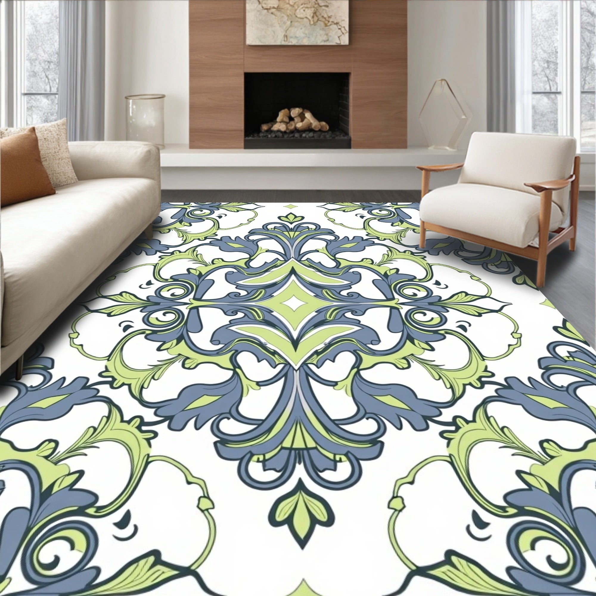 Ornate Scrollwork Botanical Pattern Rug