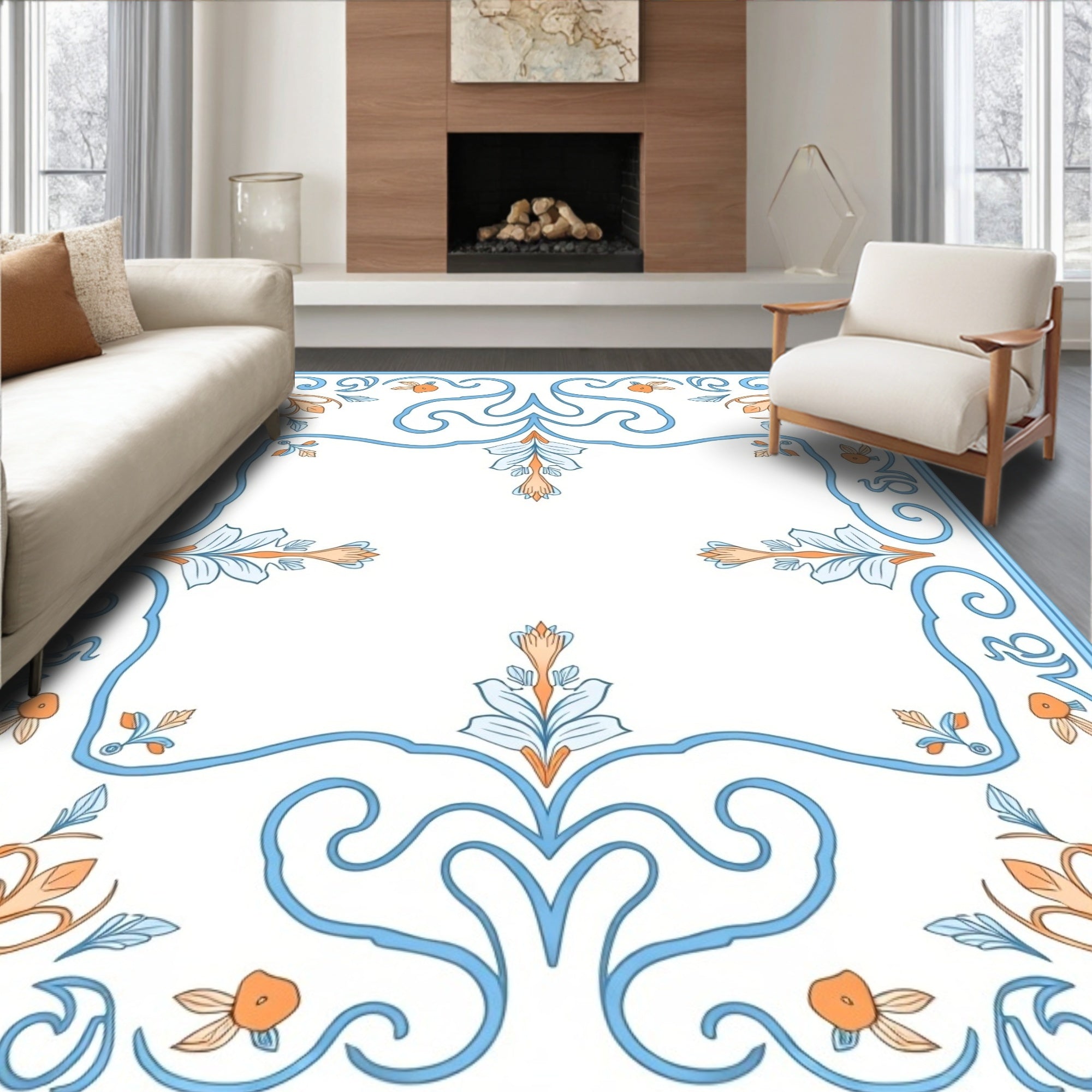 Classic Floral Scrollwork Blue Orange Rug