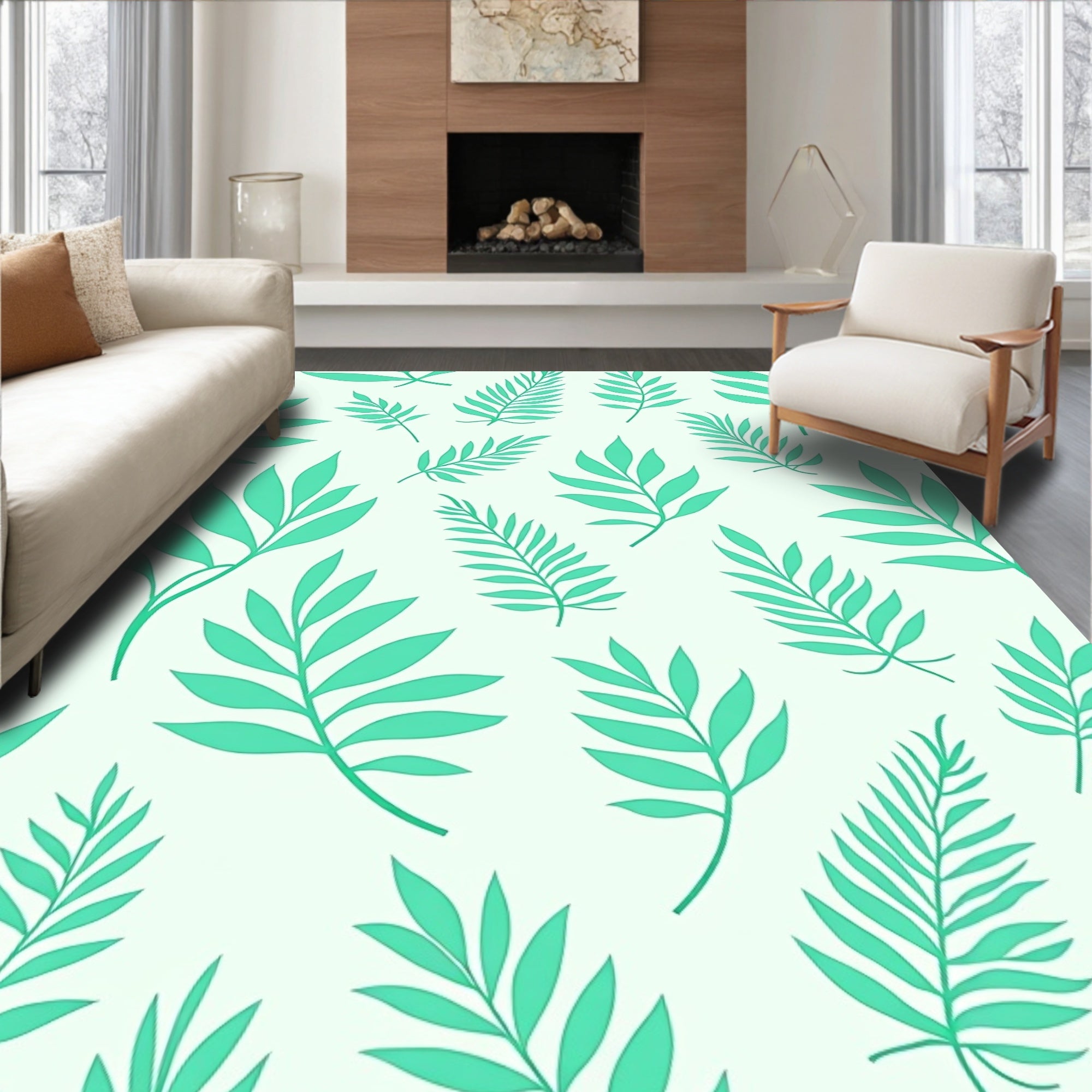 Mint Green Leaf Pattern Design Rug