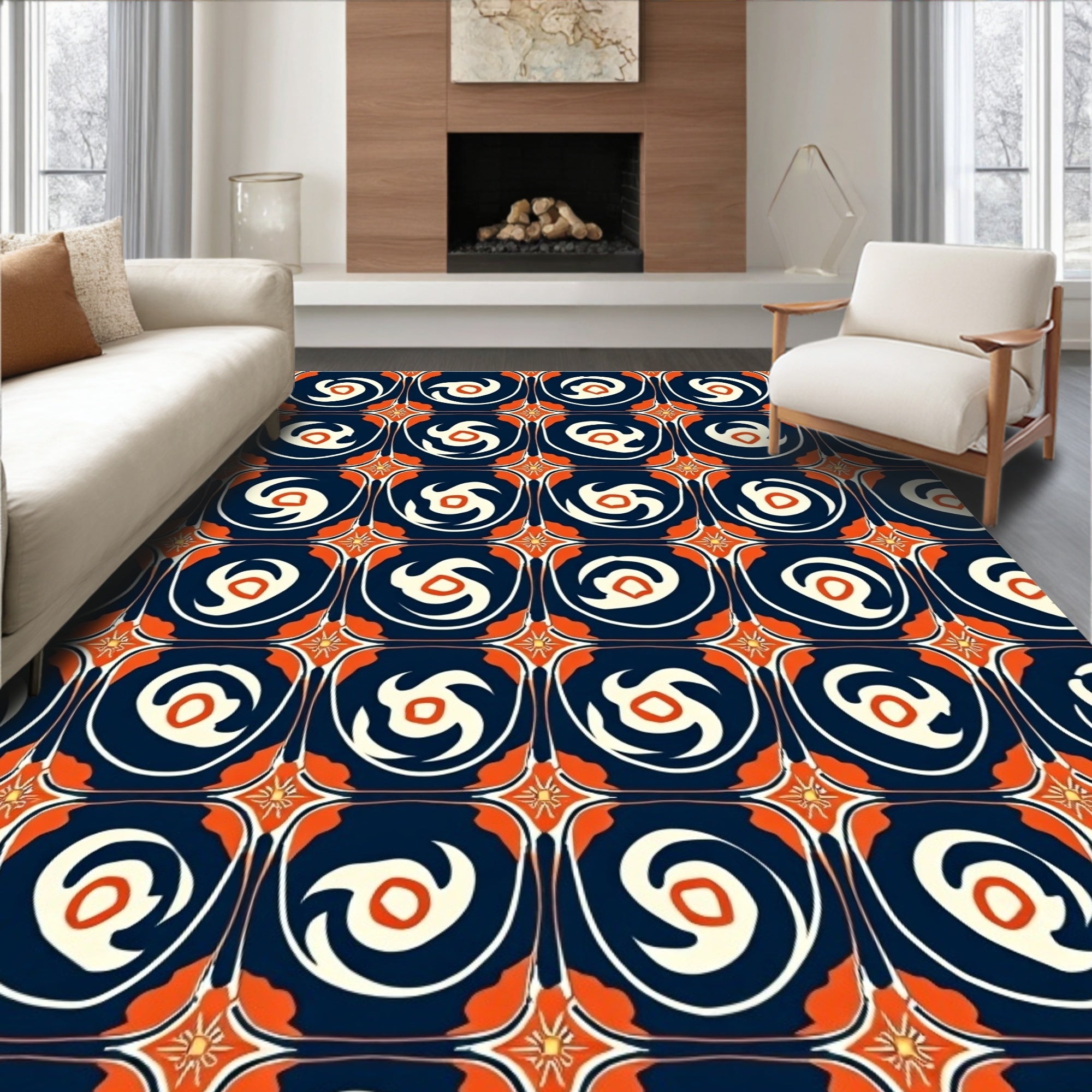 Orange White Swirl Modern Geometric Pattern Rug