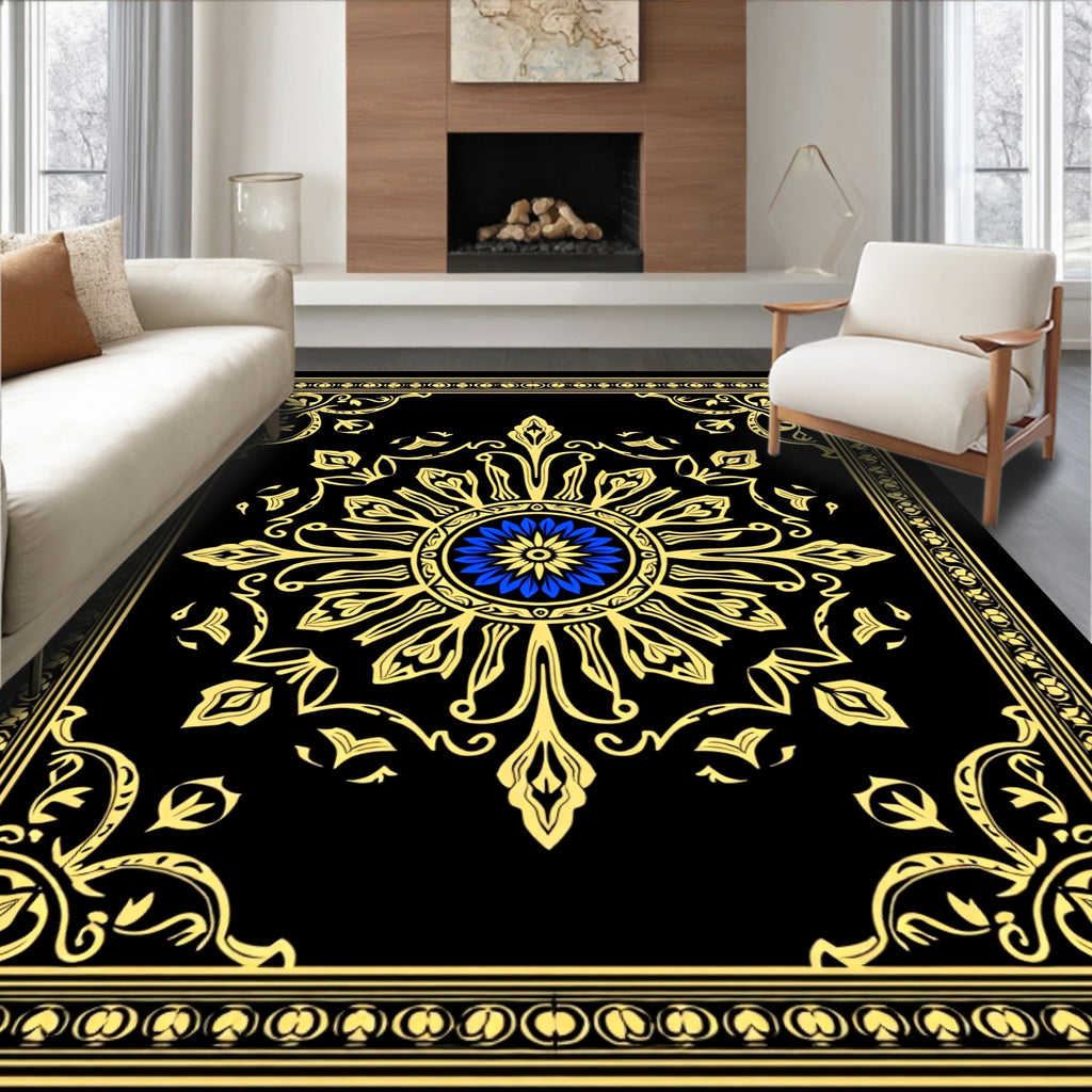 Ornate Floral Mandala Black Gold Rug
