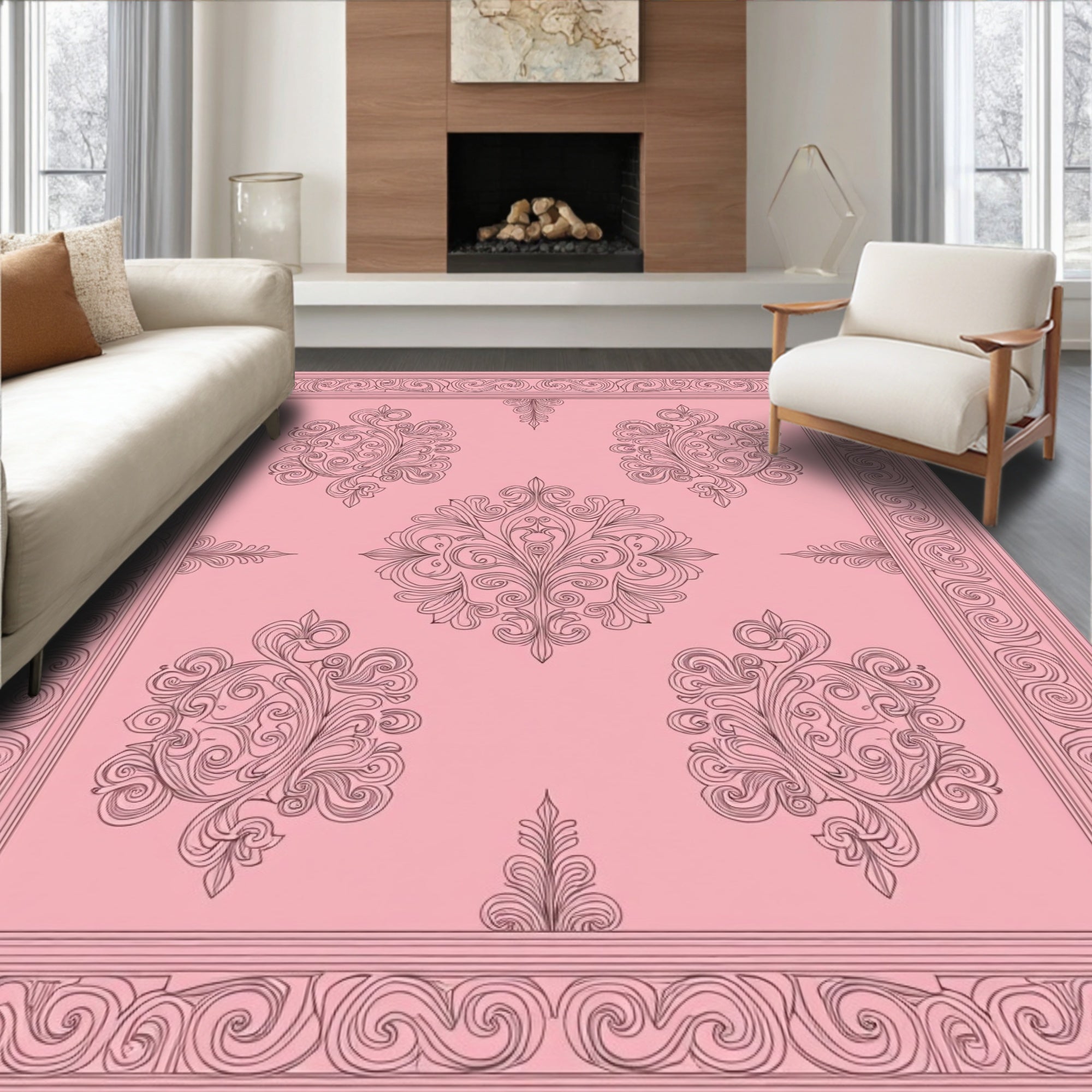 Classic Pink Floral Scrollwork Design Rug