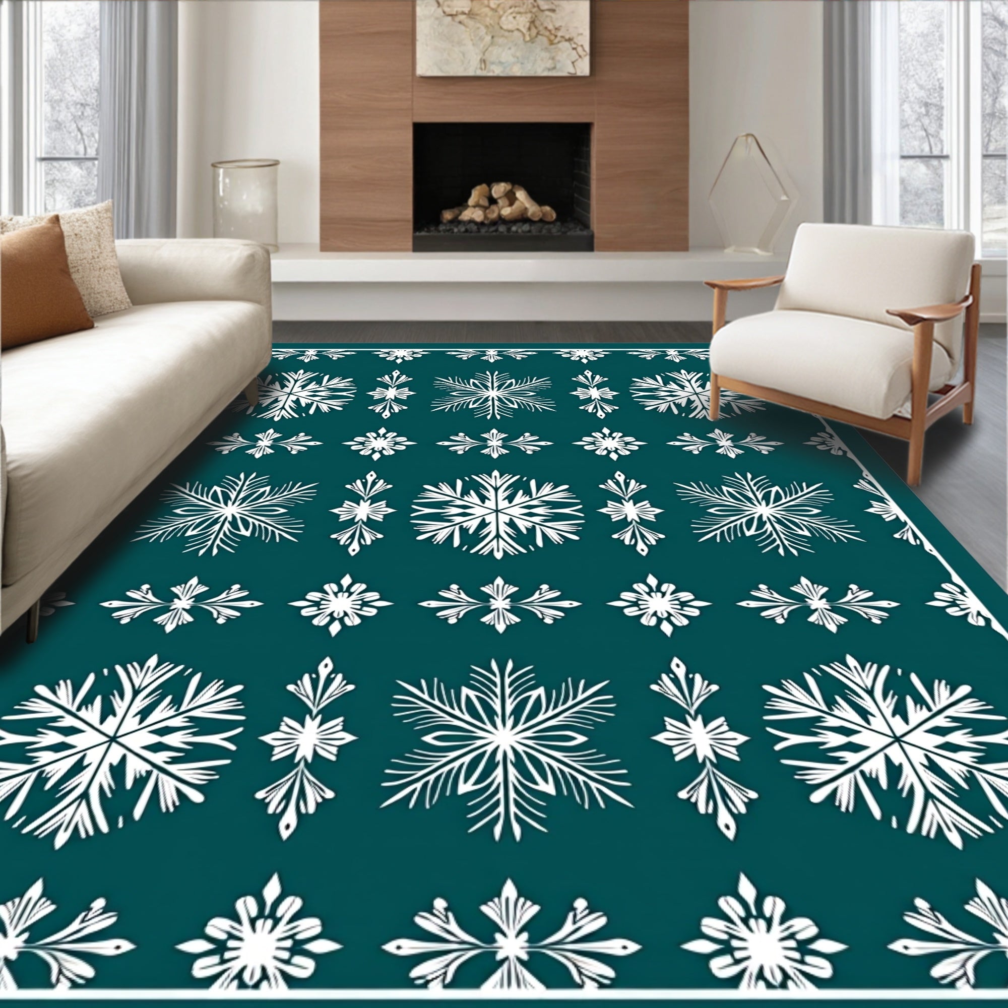 White Snowflake Bordered Teal Rug