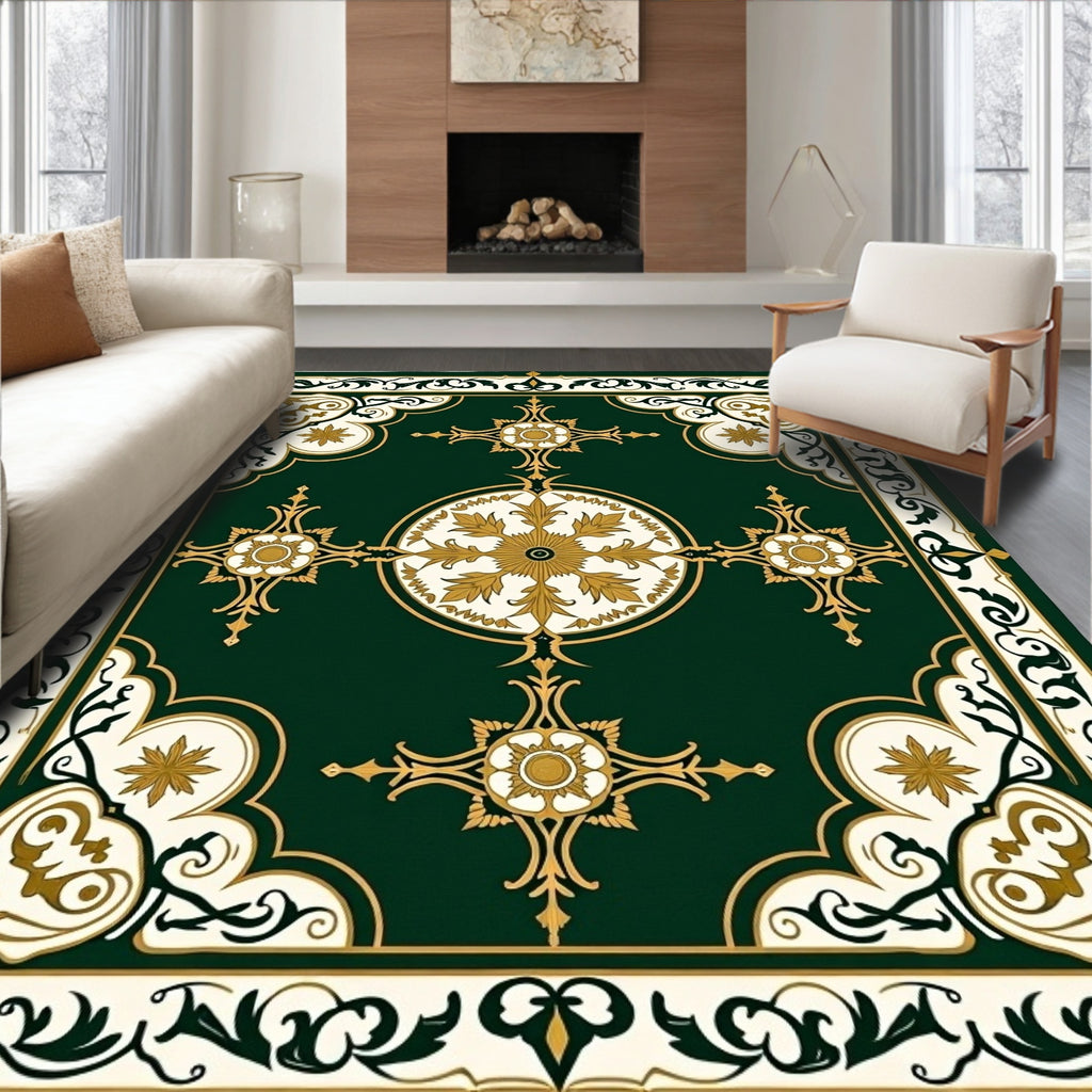 Ornate Floral Centerpiece Green Gold Rug