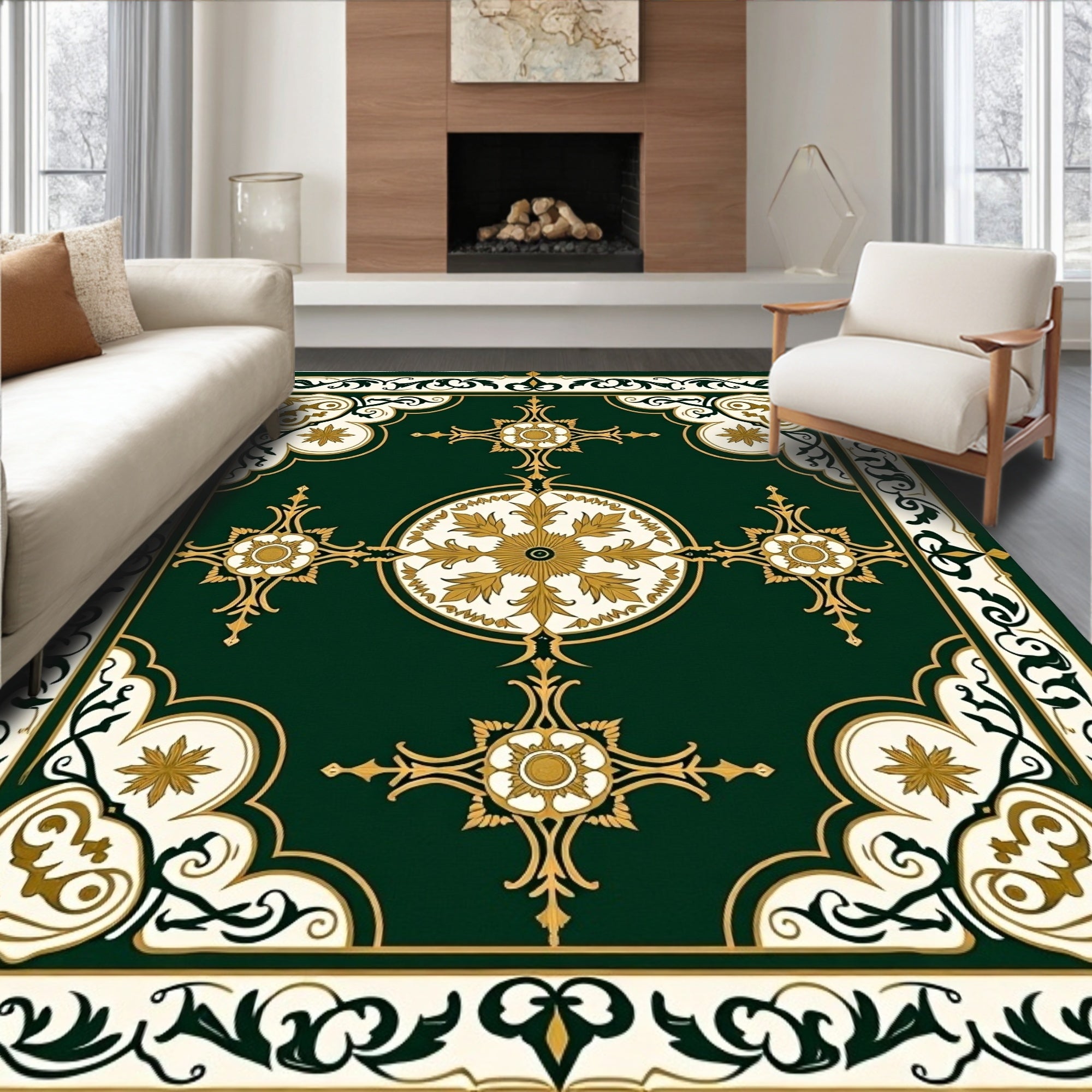 Ornate Floral Centerpiece Green Gold Rug