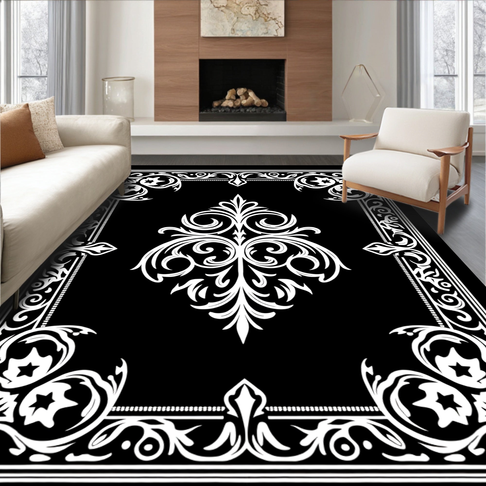Black and White Ornate Scroll Pattern Rug