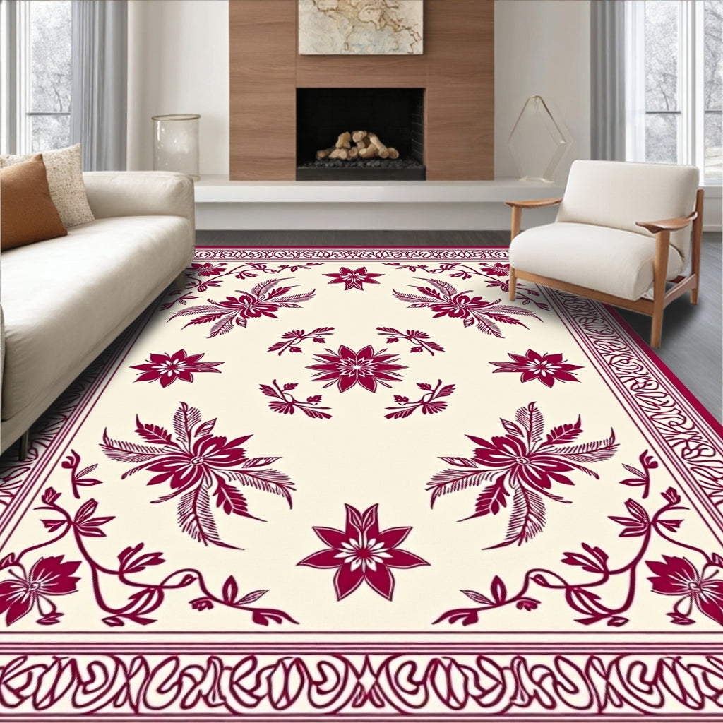 Crimson Floral Motif On Cream Rug