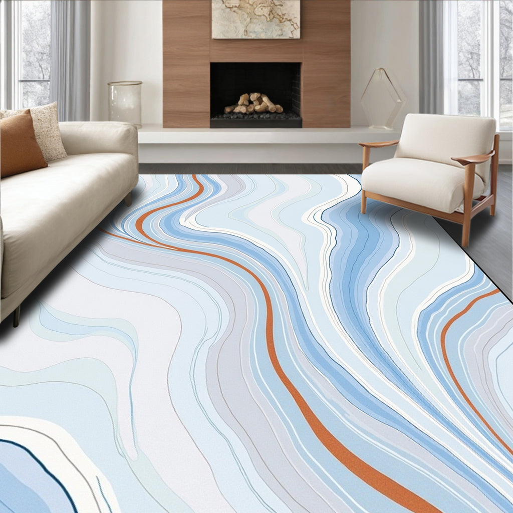 Abstract Blue White Orange Swirl Design Rug