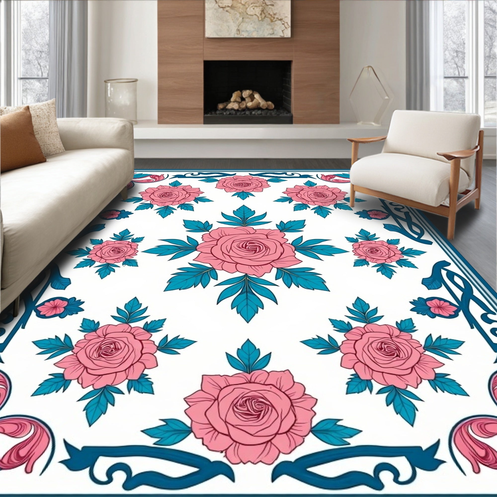 Pink Floral Vine Border Art Rug