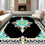 Ornate Black Gold Teal Medallion Pattern Rug